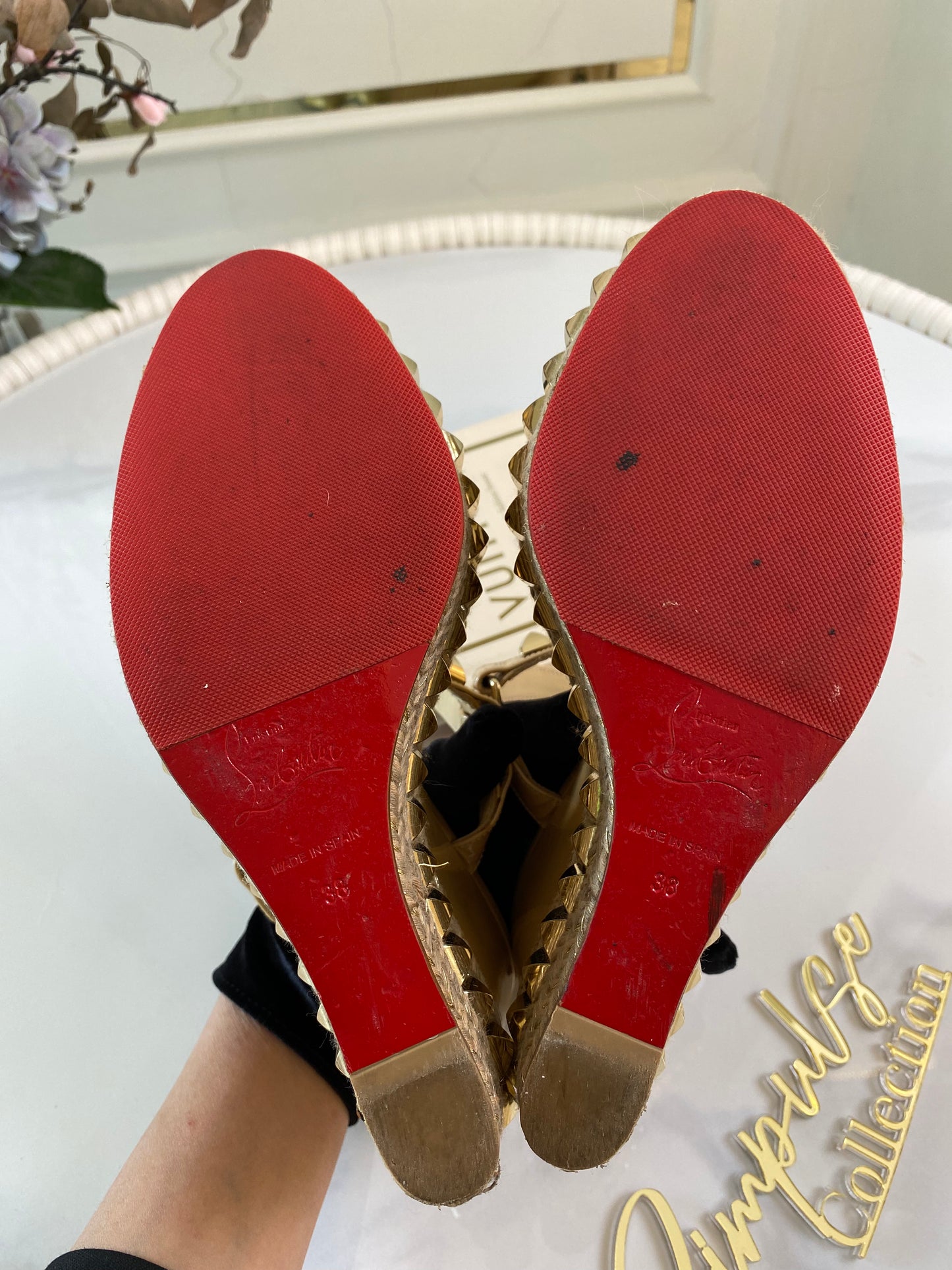 Christian Loubotin Beige Patent Leather Pyraclou Wedge