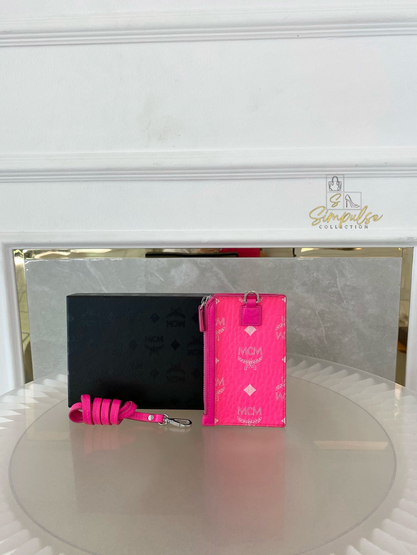 MCM Lanyard Card Holder Neon Pink Visetos Coated Canvas