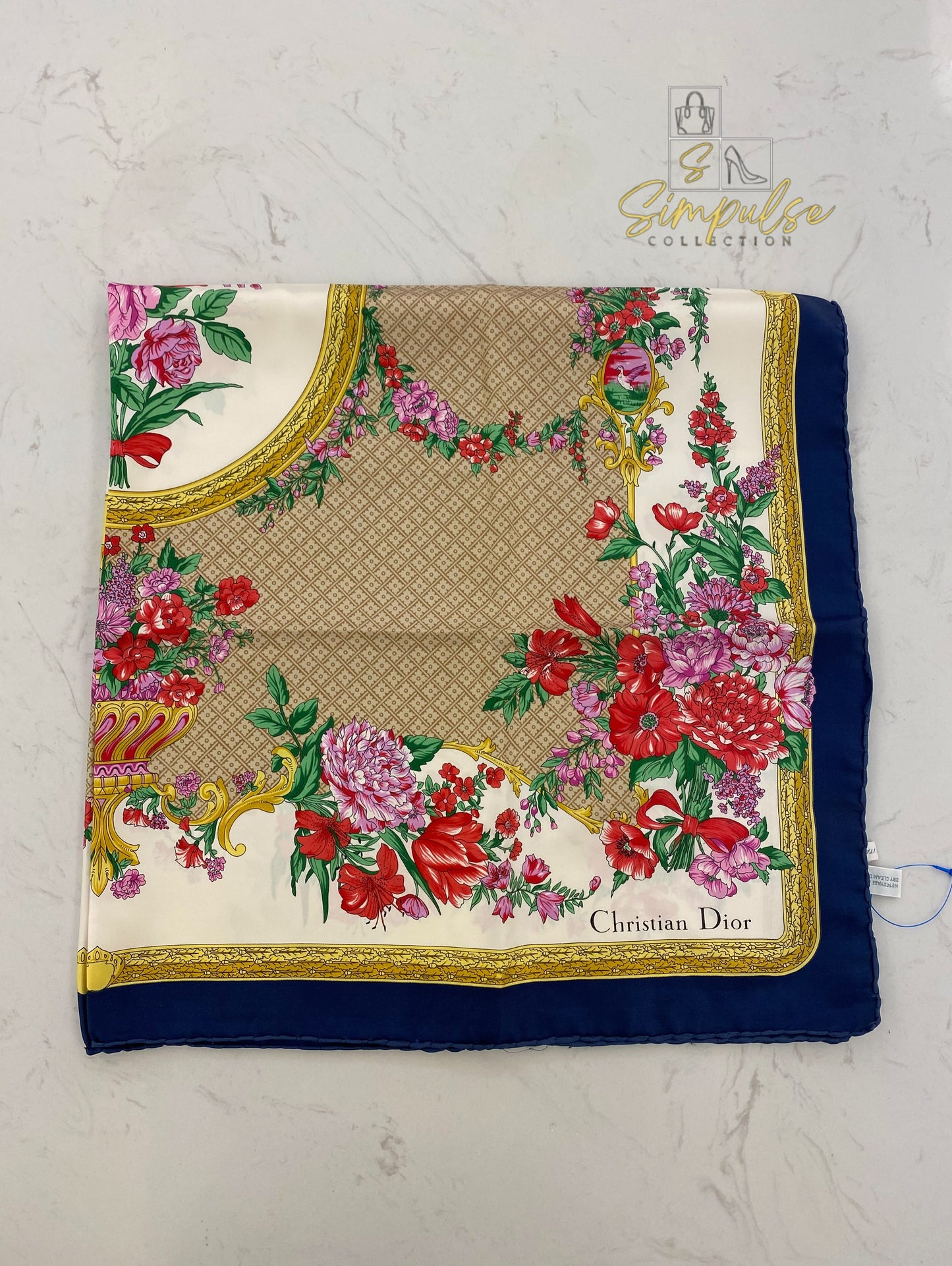 Christian Dior Silk Scarf Floral Pattern Navy Blue Border