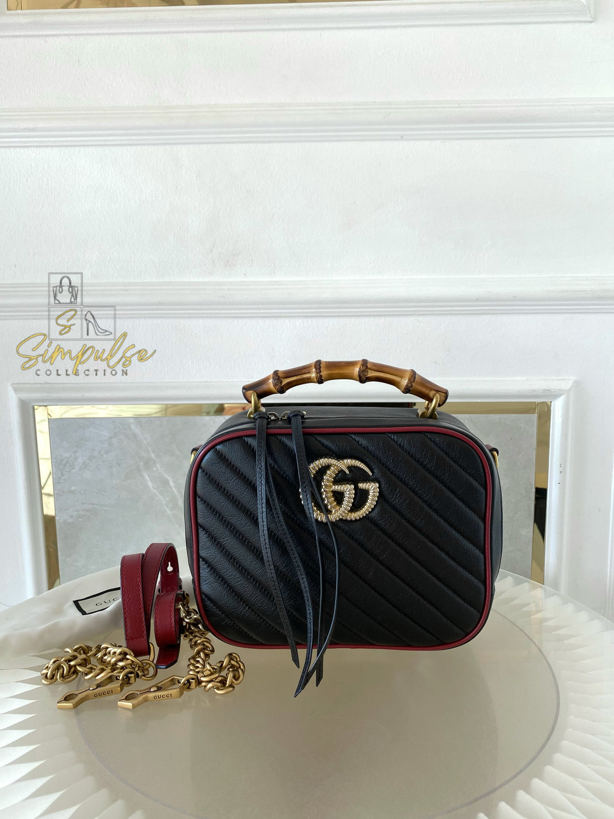 GUCCI Marmont Vintage Effect Matelasse Diagonal Leather Bamboo Top Handle Small