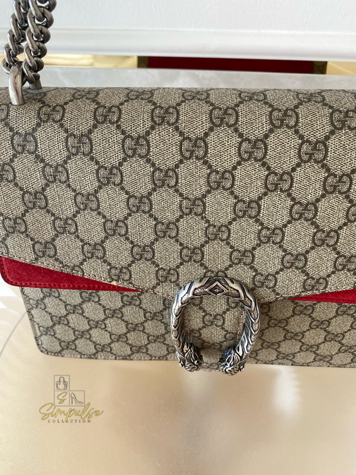 GUCCI MEDIUM SUPREME MONOGRAM DIONYSUS w/RED SUEDE TRIM SHW