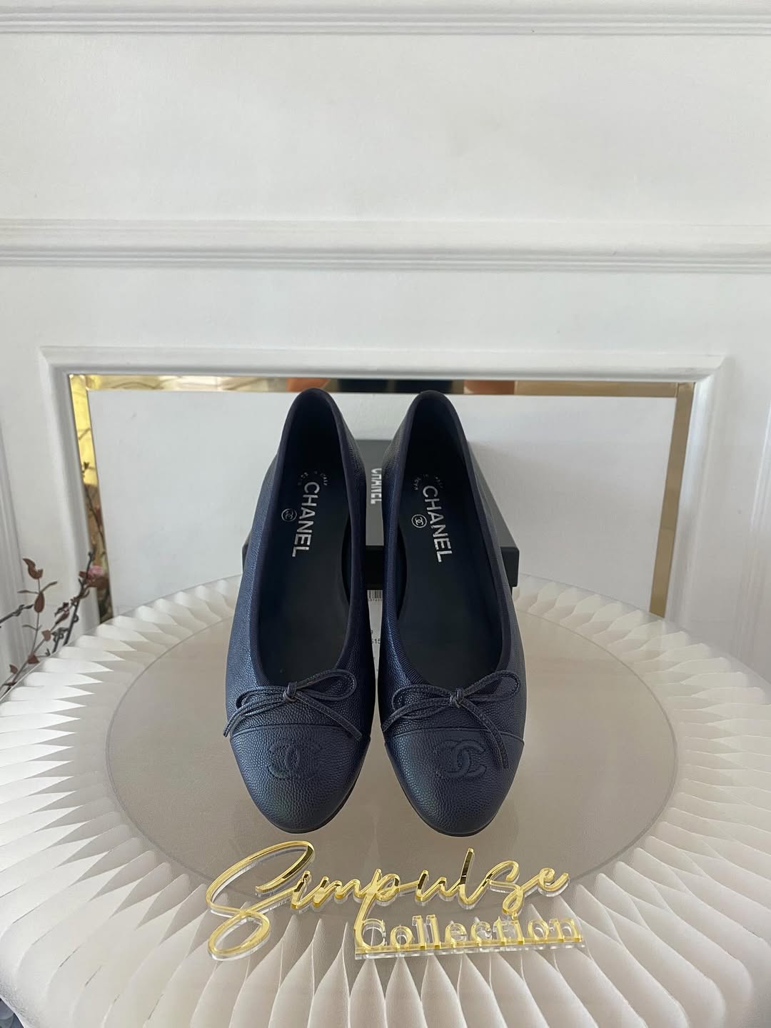 Navy Blue Cc Cap Toe Bow Flat Ballerina