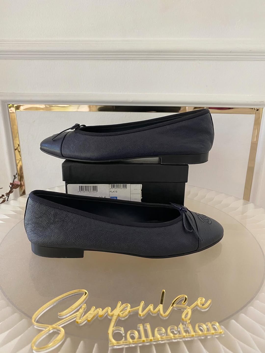 Navy Blue Cc Cap Toe Bow Flat Ballerina