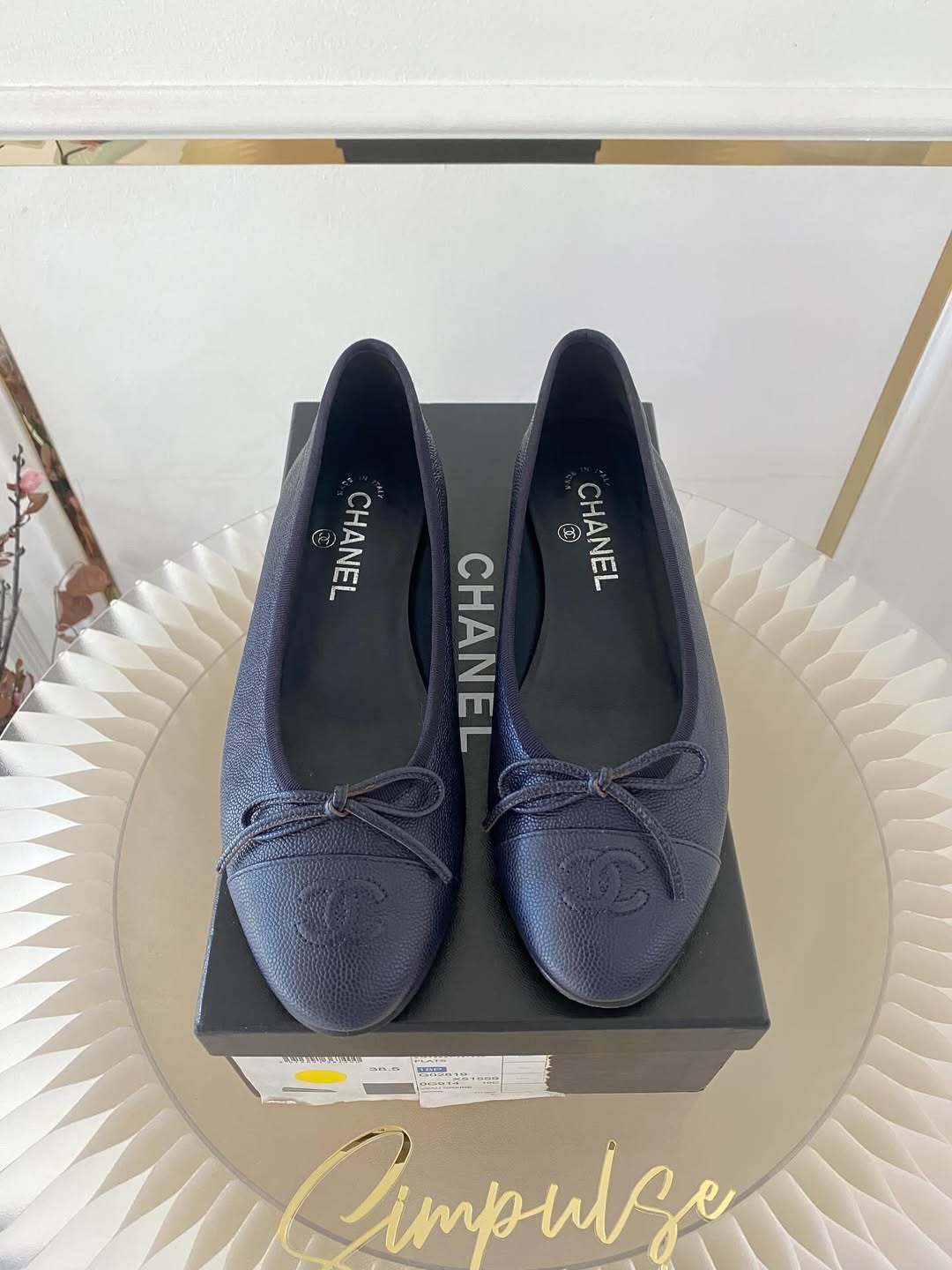 Navy Blue Cc Cap Toe Bow Flat Ballerina