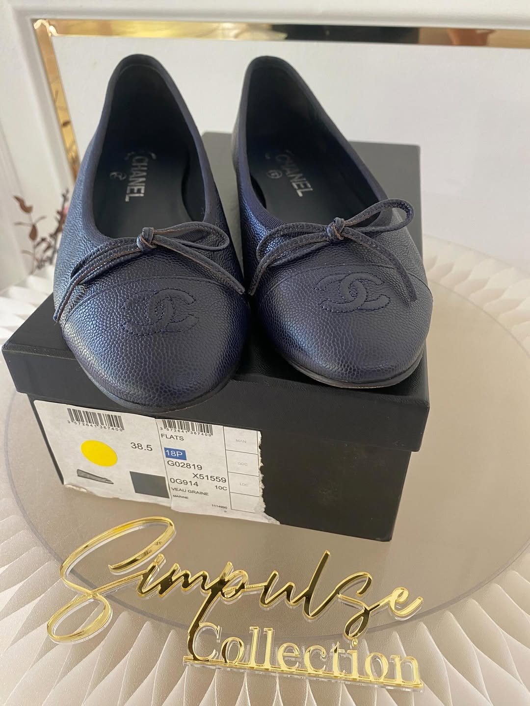 Navy Blue Cc Cap Toe Bow Flat Ballerina