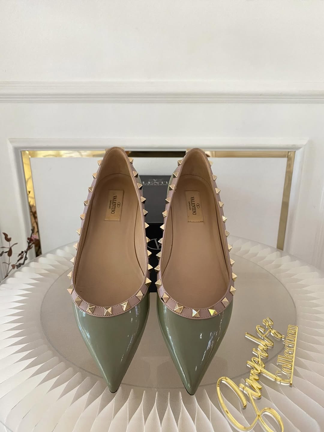 VLTN Light Green Leather Rockstud Ballet Flats