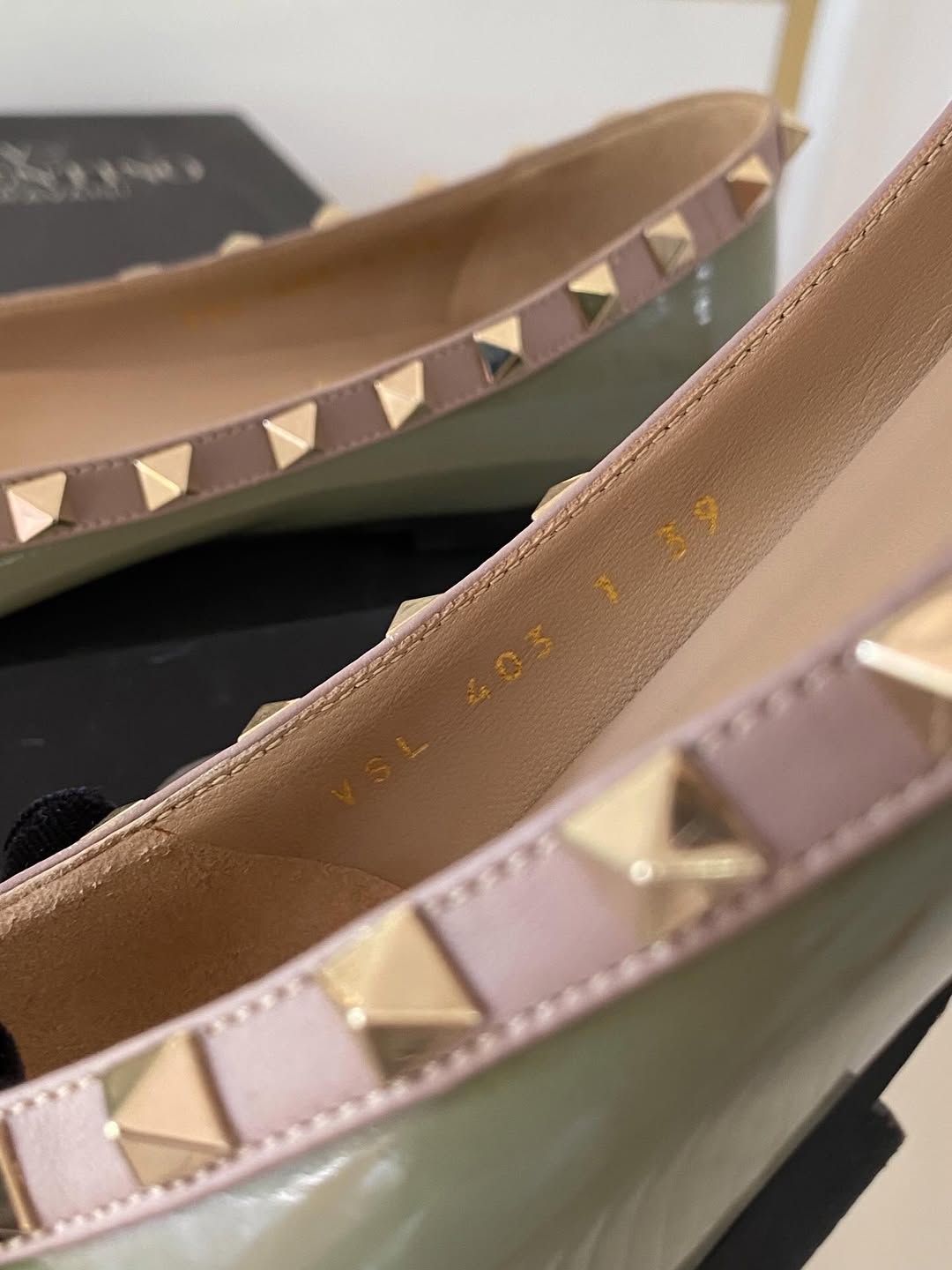 VLTN Light Green Leather Rockstud Ballet Flats