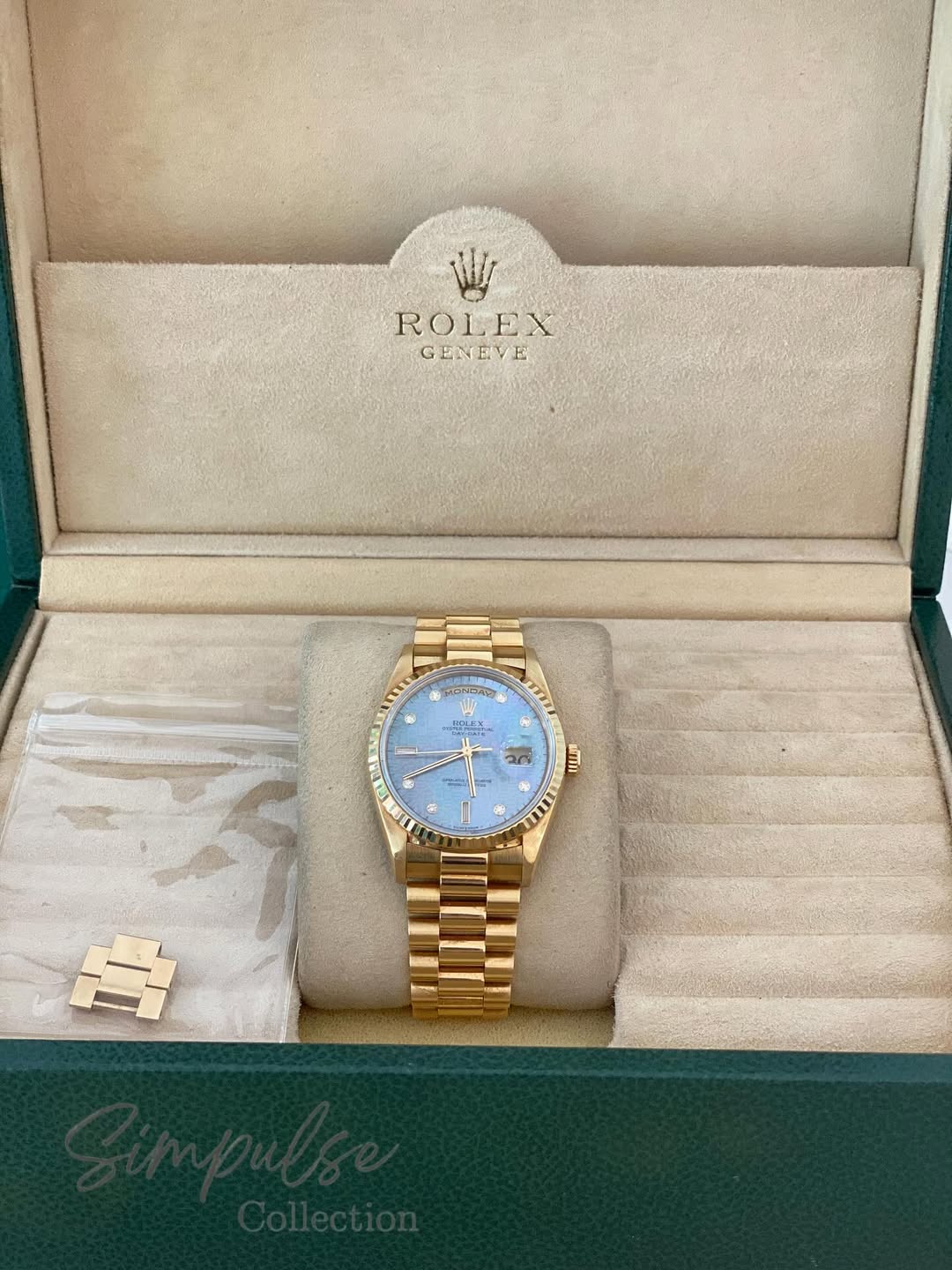 Rolex Day-Date 18k Solid Gold MOP Blue Ice Dial Anniv. Computer Face