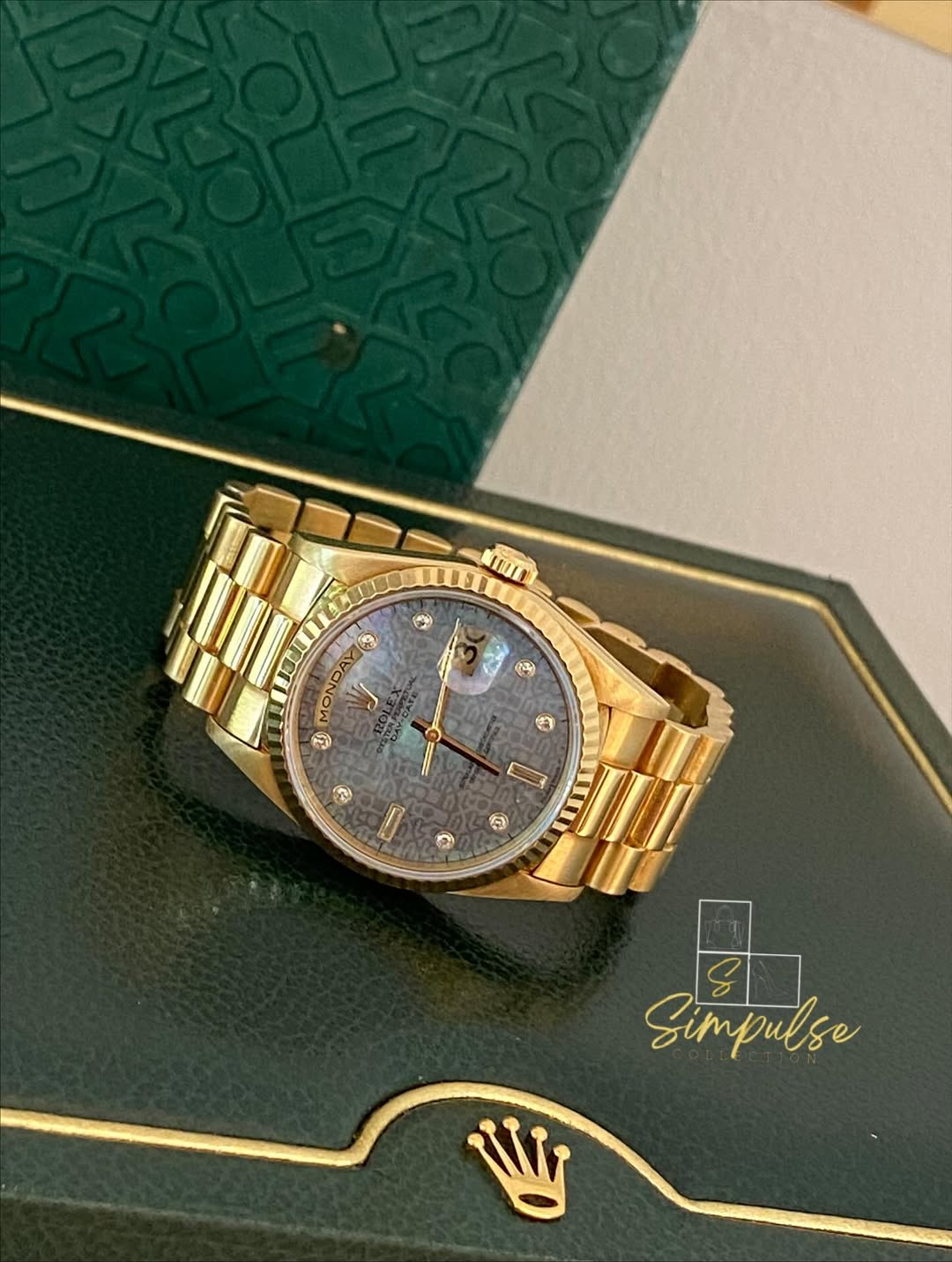 Rolex Day-Date 18k Solid Gold MOP Blue Ice Dial Anniv. Computer Face