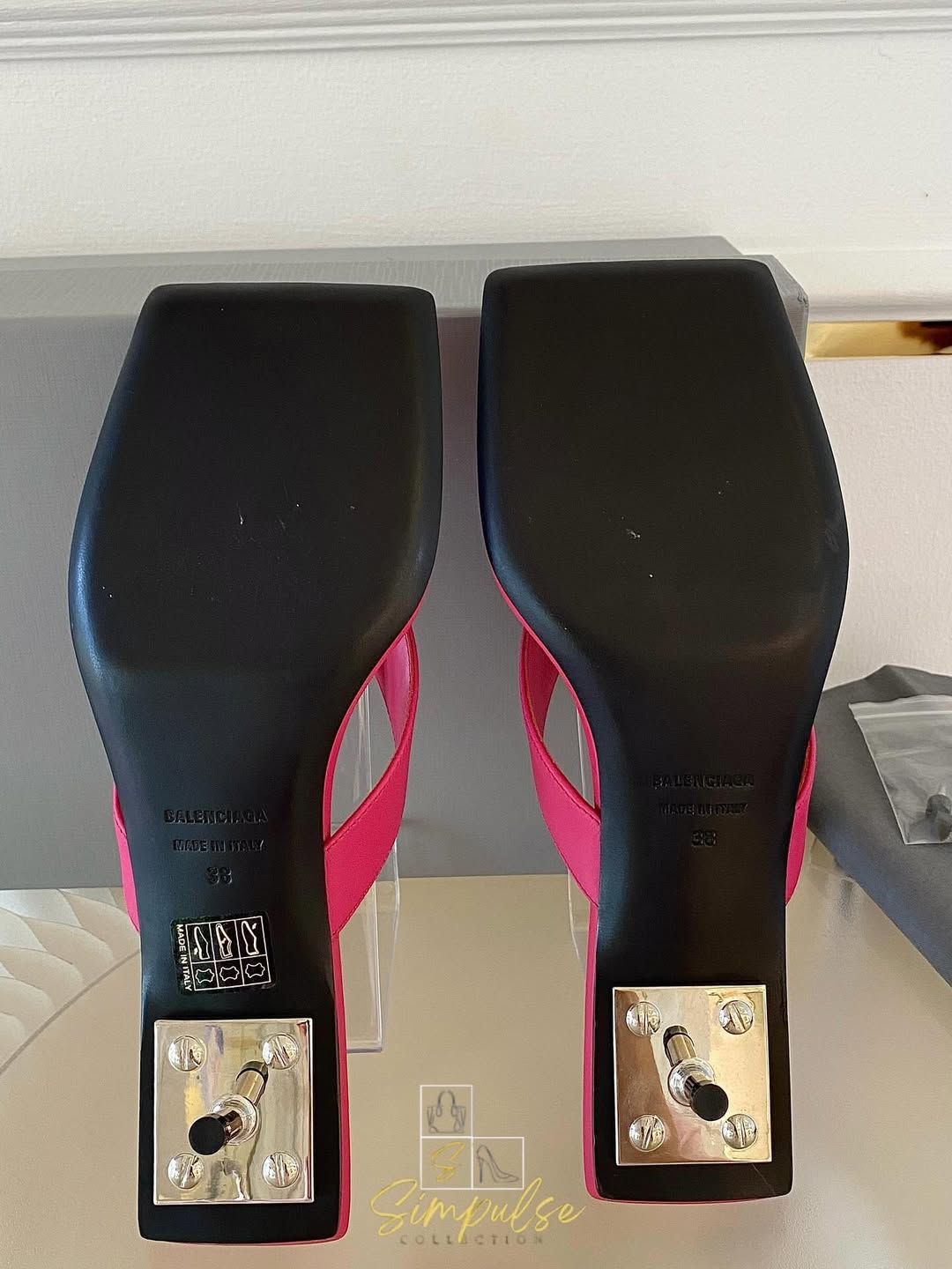BALENCIAGA Pink Leather Thong Square Toe Slide Sandals