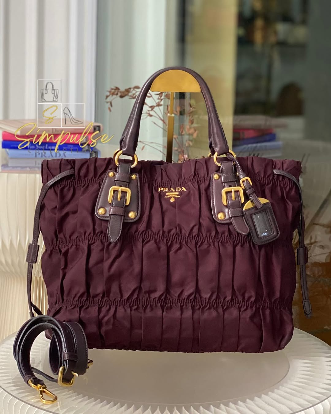P Tessuto Nylon Gaufre Bordeaux Large Tote
