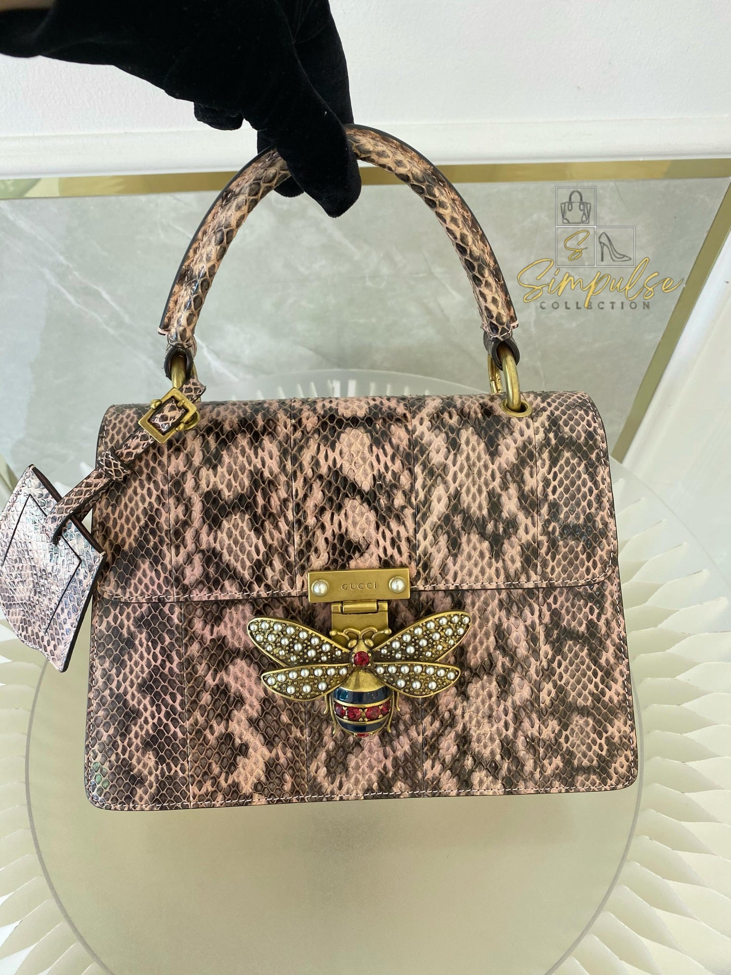 Gucci Queen Margaret Small Snakeskin Top Handle in Pink