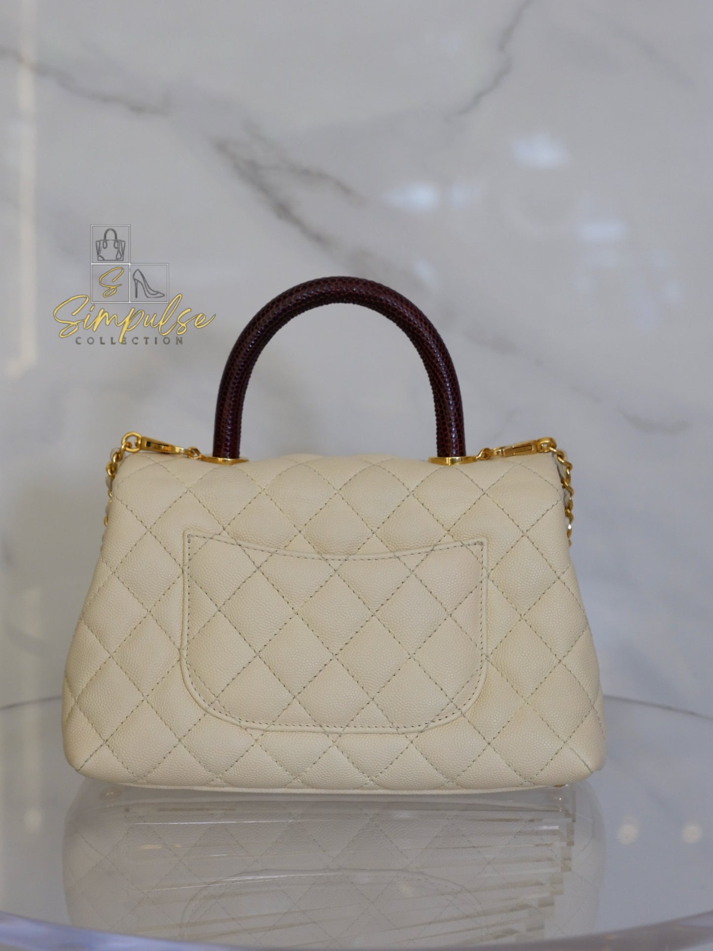 Chanel Coco Off-White Quilted Caviar Lizard Top Handle GHW