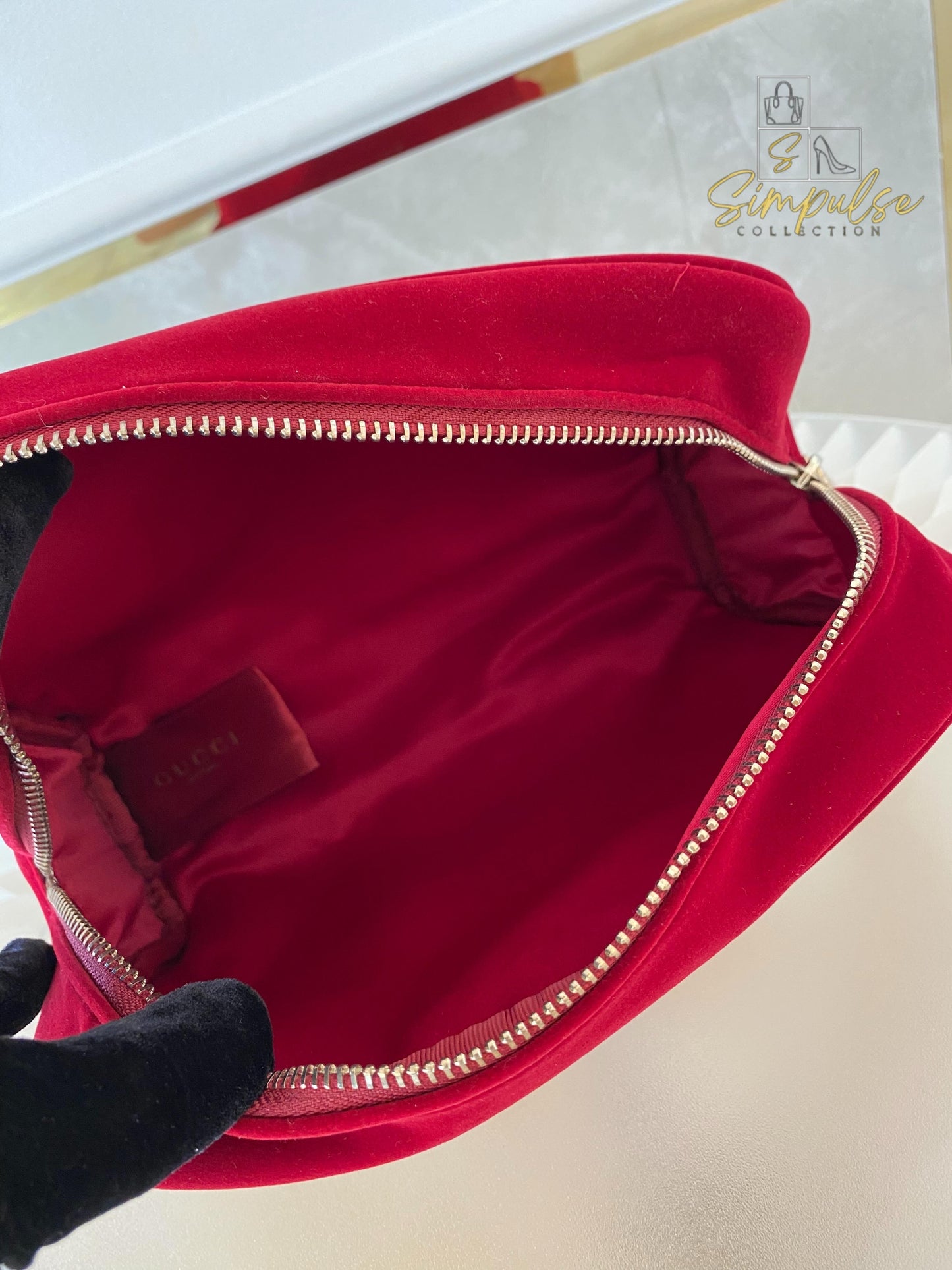 Gucci Red Velvet Cosmetic Pouch w/ Gold G Parfums Plaque