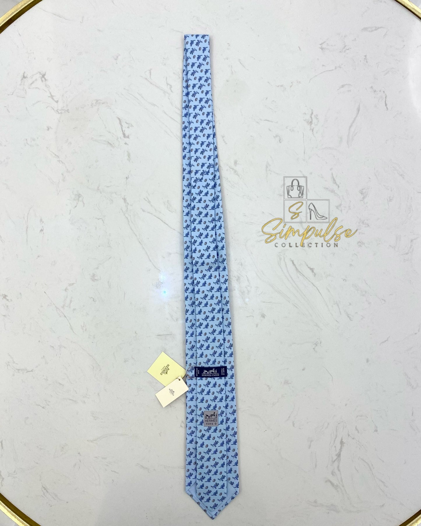HERMES LIGHT BLUE SILK TIE KANGAROO DESIGN