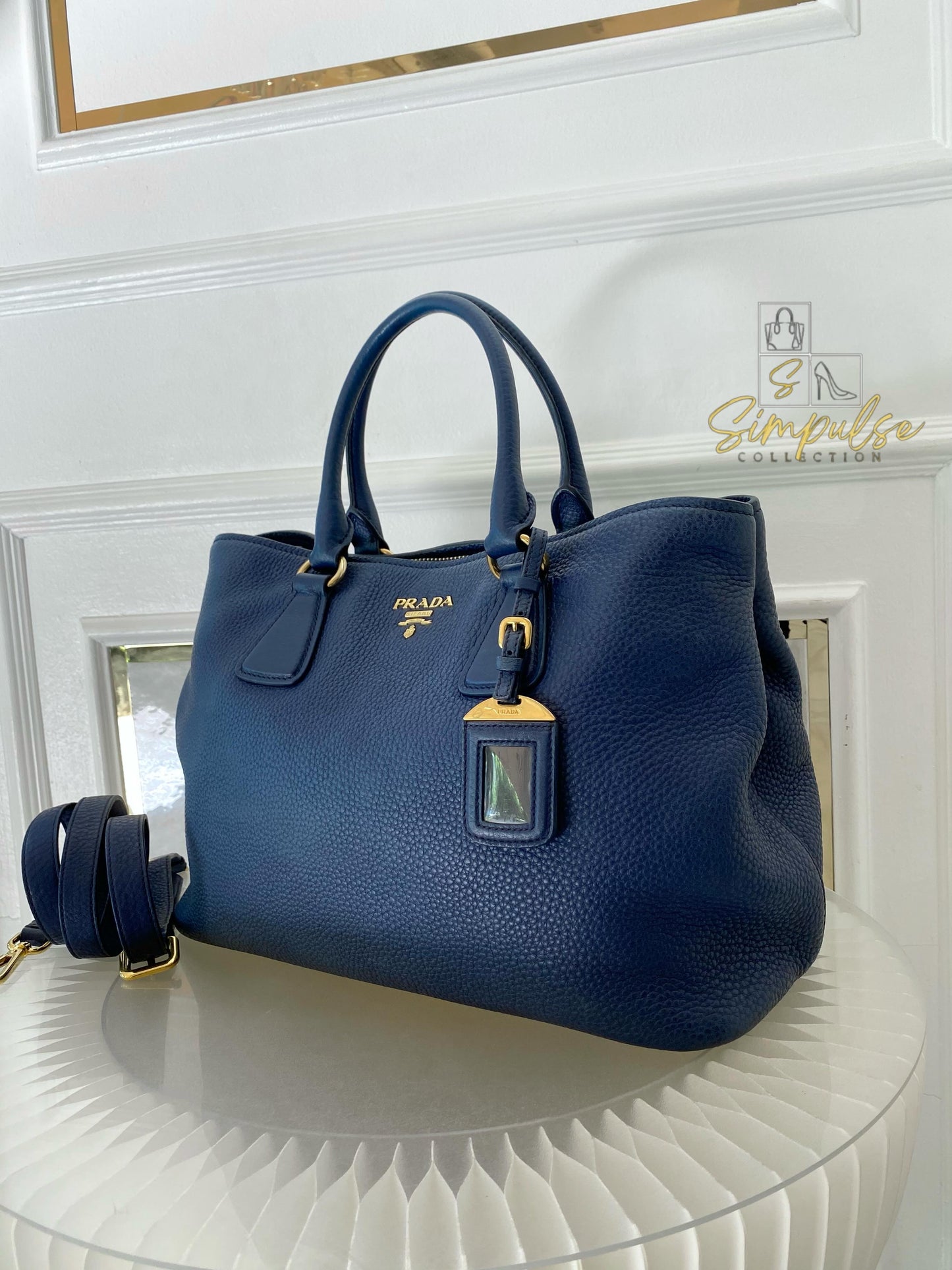 Prada Bluette Vitello Daino Leather Tote Bag