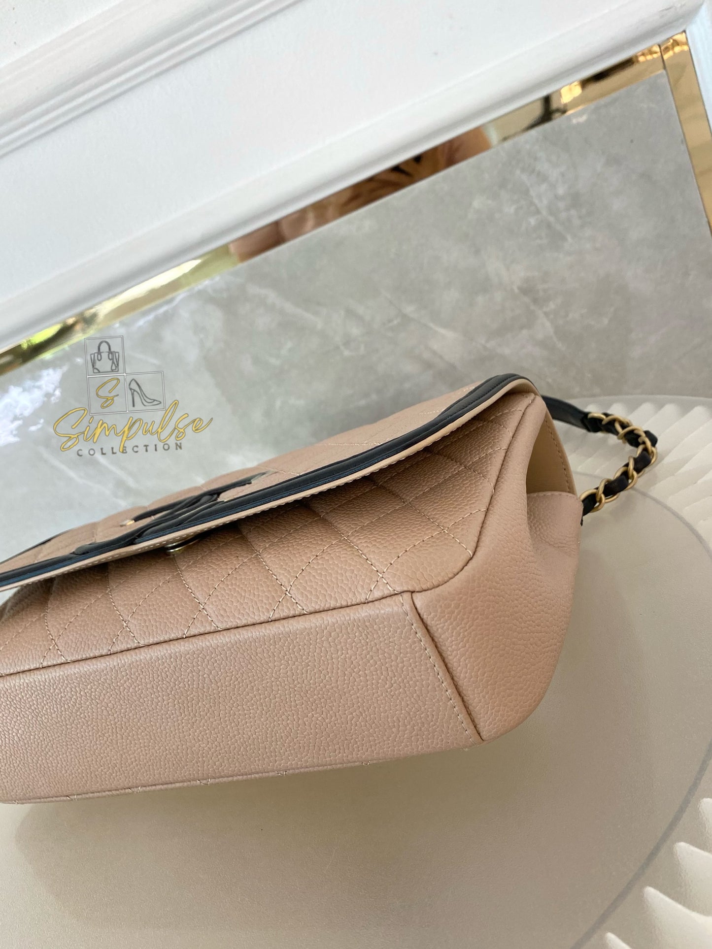 CHANEL BEIGE QUILTED CAVIAR & BLACK LAMBSKIN CC FILIGREE FLAP