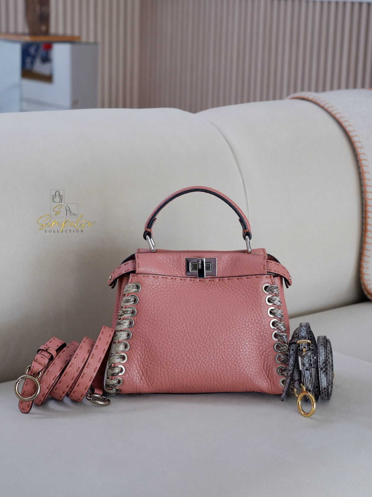 FENDI OLD ROSE & PYTHON LEATHER MINI WHIPSTITCH TOP HANDLE BAG