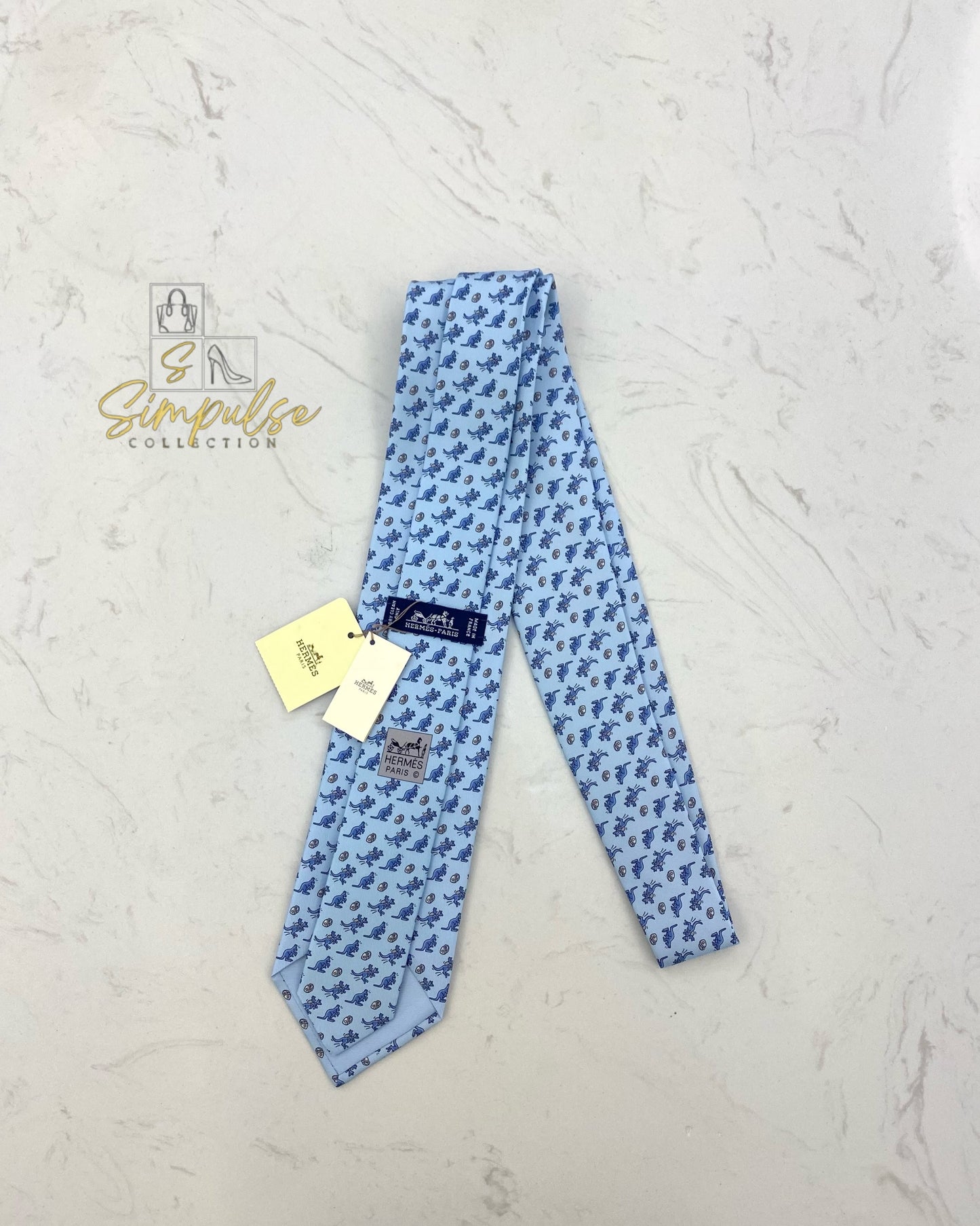 HERMES LIGHT BLUE SILK TIE KANGAROO DESIGN