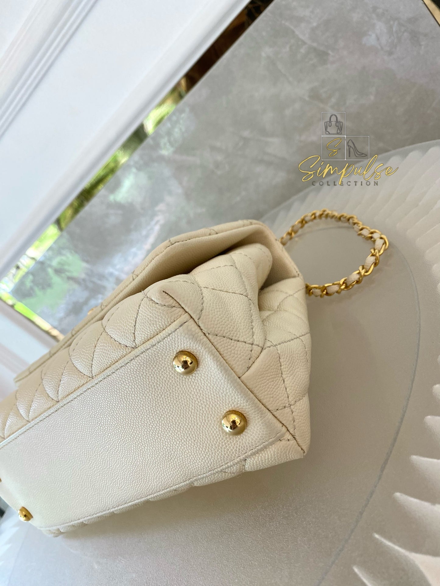 Chanel Coco Off-White Quilted Caviar Lizard Top Handle GHW
