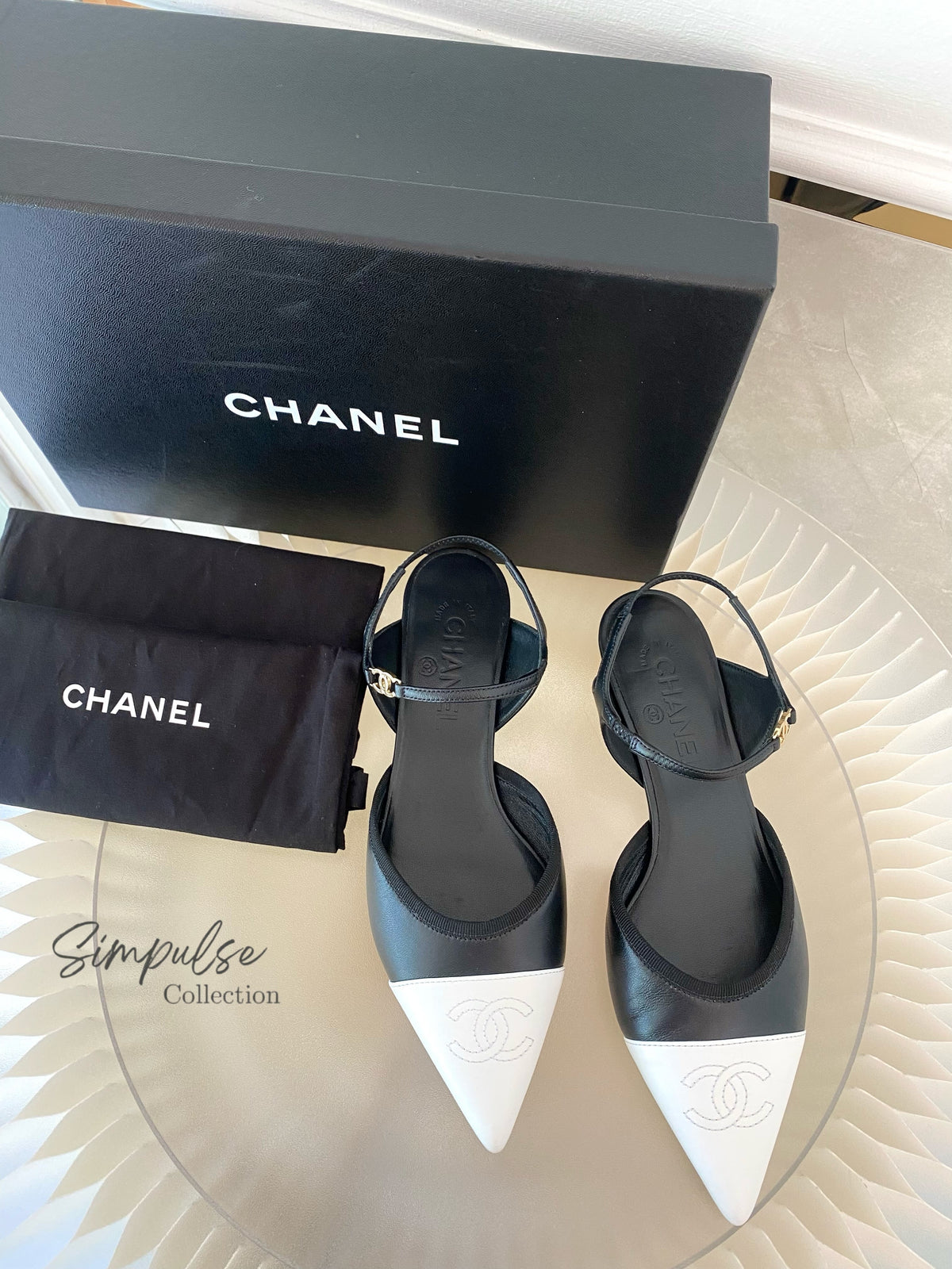 CHANEL Cap-Toe Leather Slingback Pumps Black/White