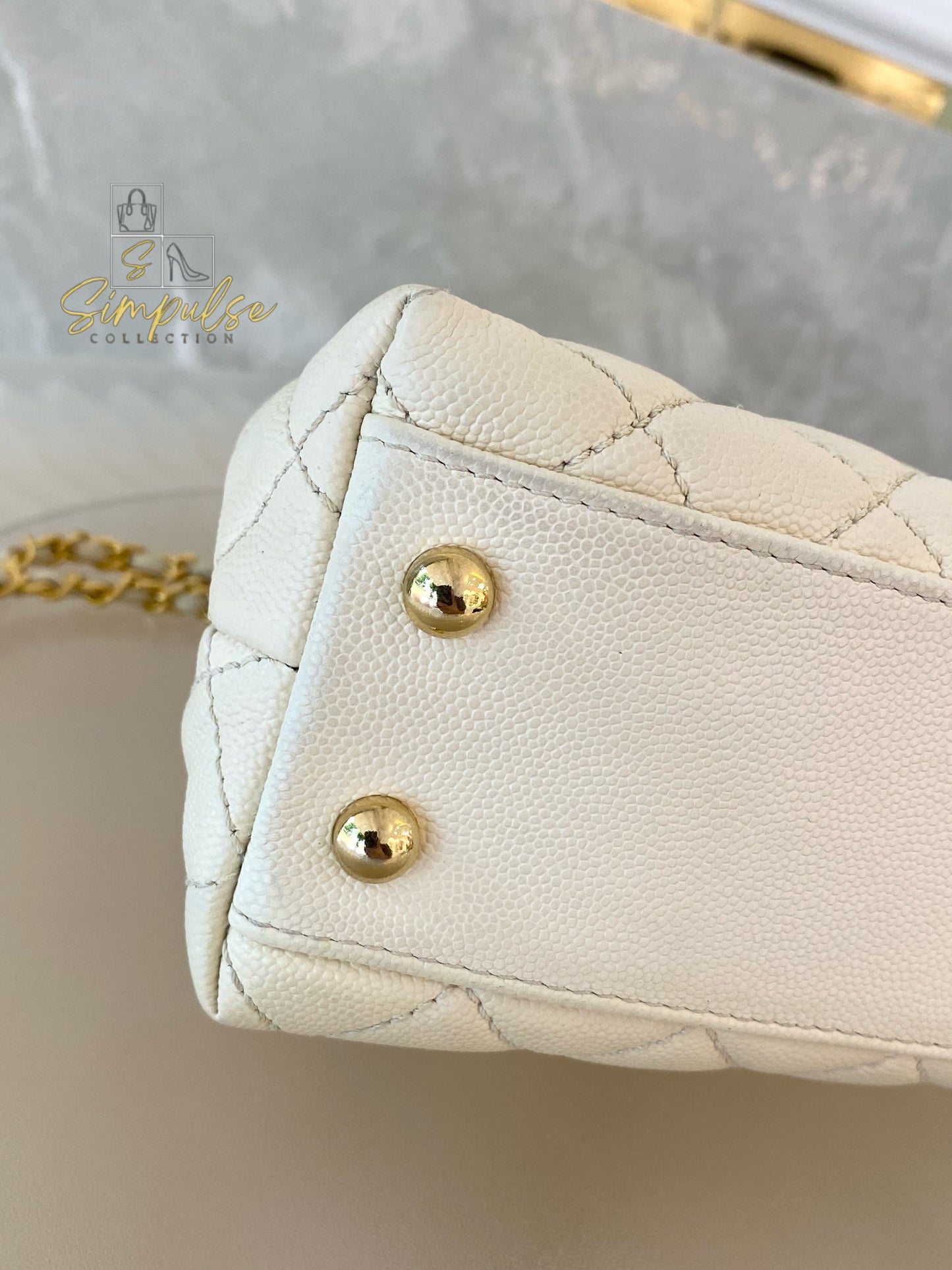 Chanel Coco Off-White Quilted Caviar Lizard Top Handle GHW
