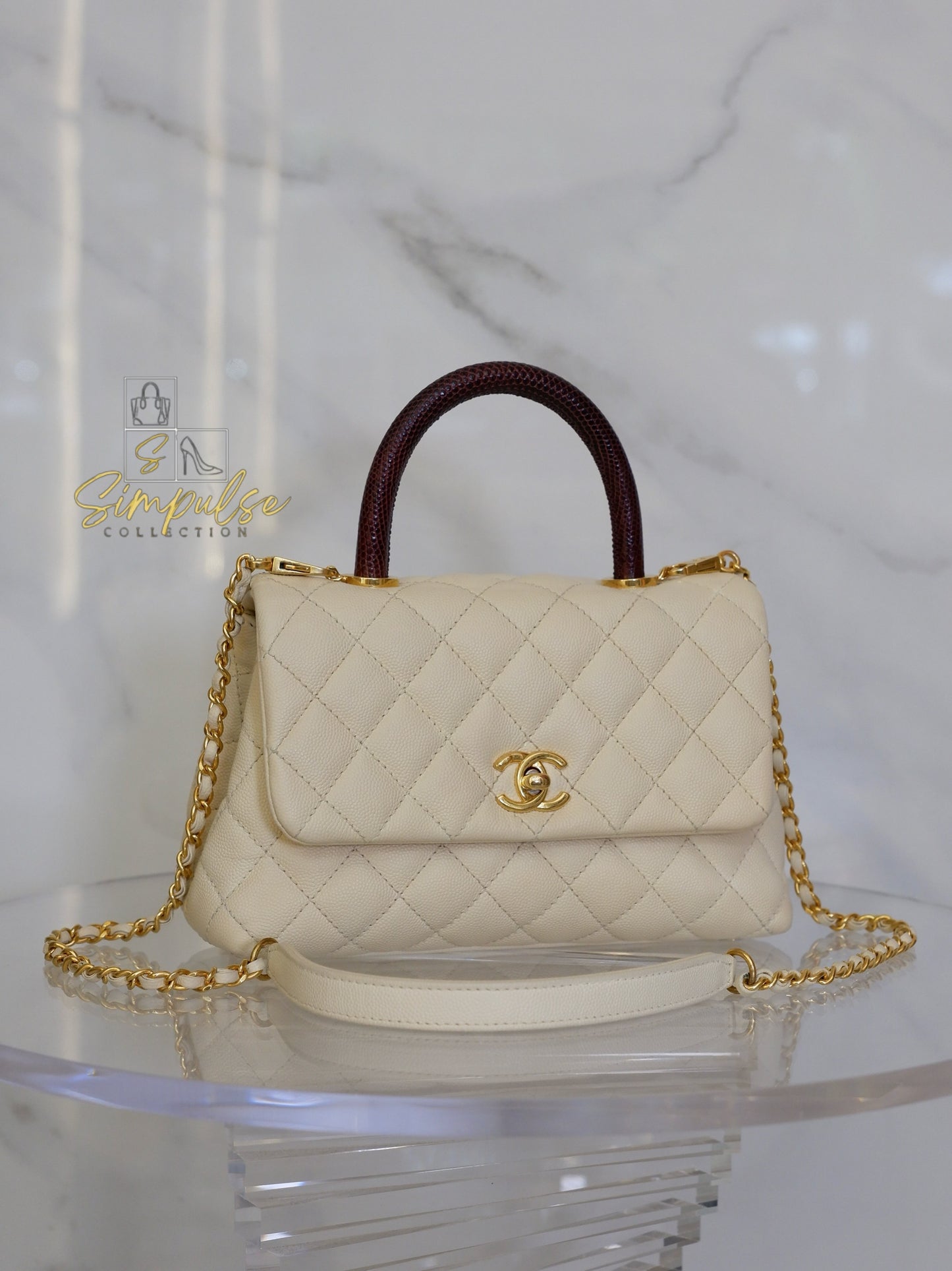 Chanel Coco Off-White Quilted Caviar Lizard Top Handle GHW