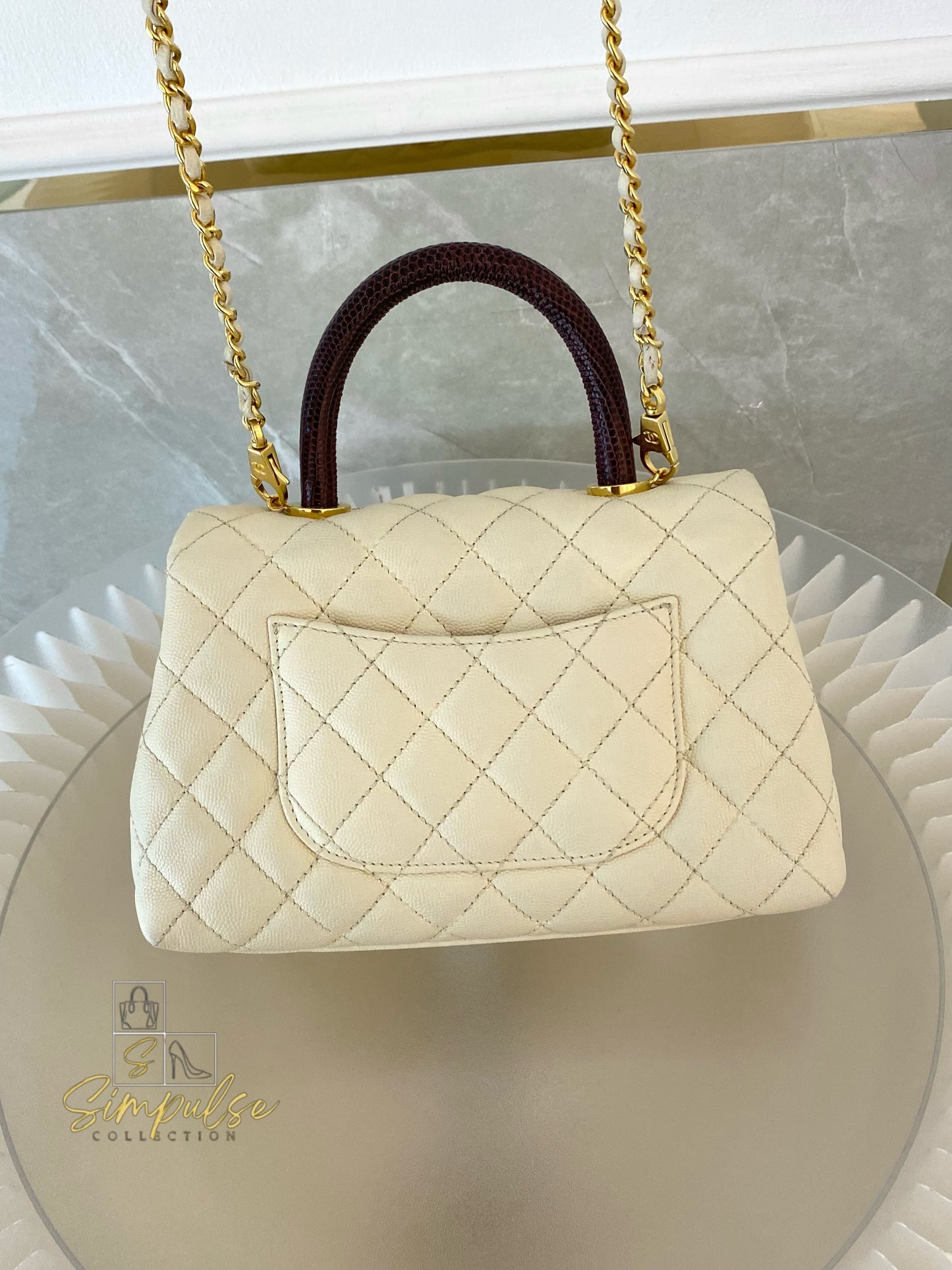 Chanel Coco Off-White Quilted Caviar Lizard Top Handle GHW