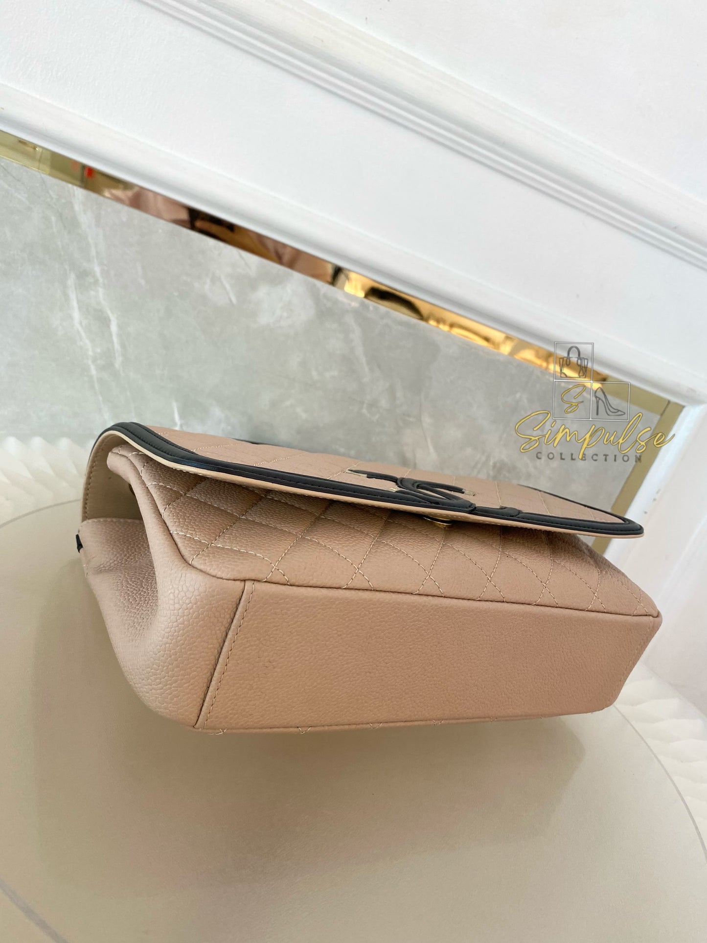 CHANEL BEIGE QUILTED CAVIAR & BLACK LAMBSKIN CC FILIGREE FLAP
