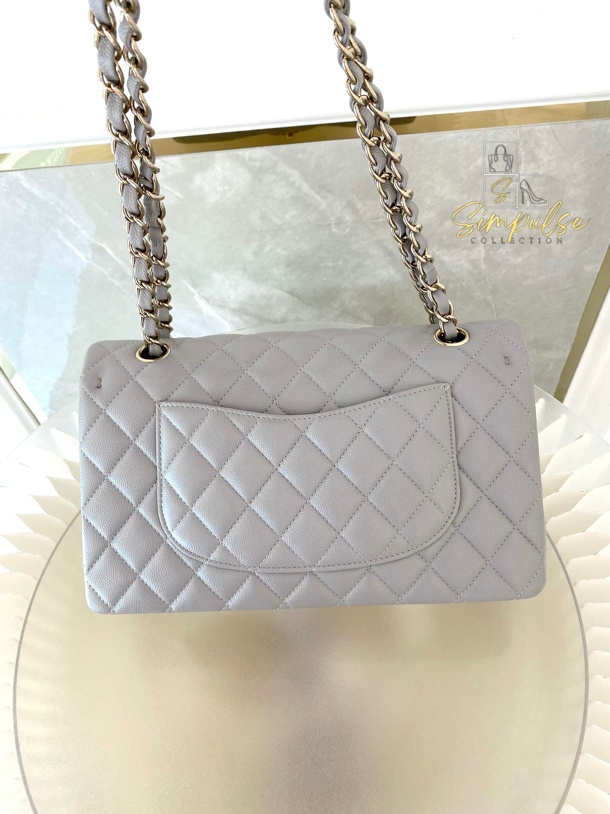CHANEL CLASSIC MEDIUM DOUBLE FLAP DOVE GRAY