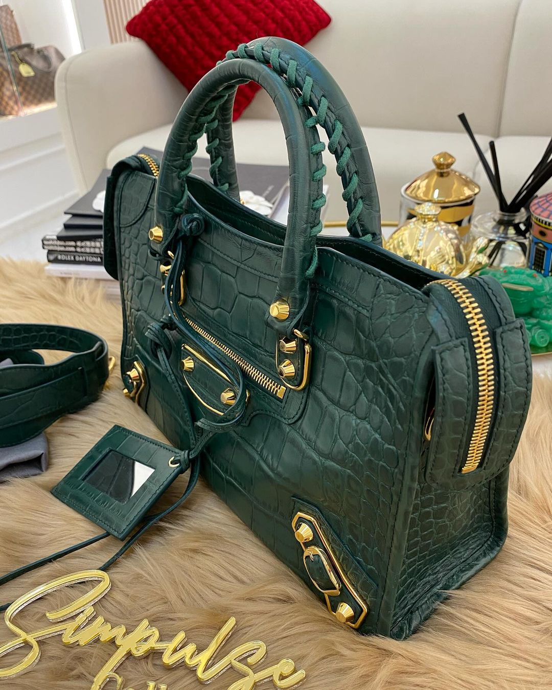 B Green Croc Emossed Leather Small