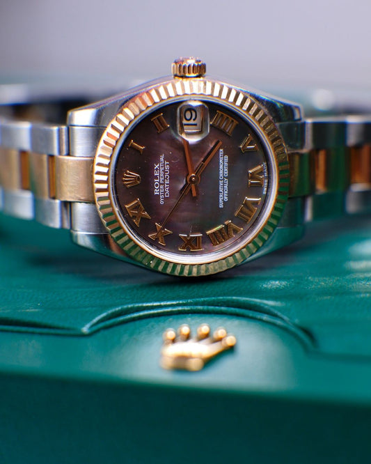 R Datejust Two Toned 18k Rosegold/SS Black Tahitian Mother of Pearl Face