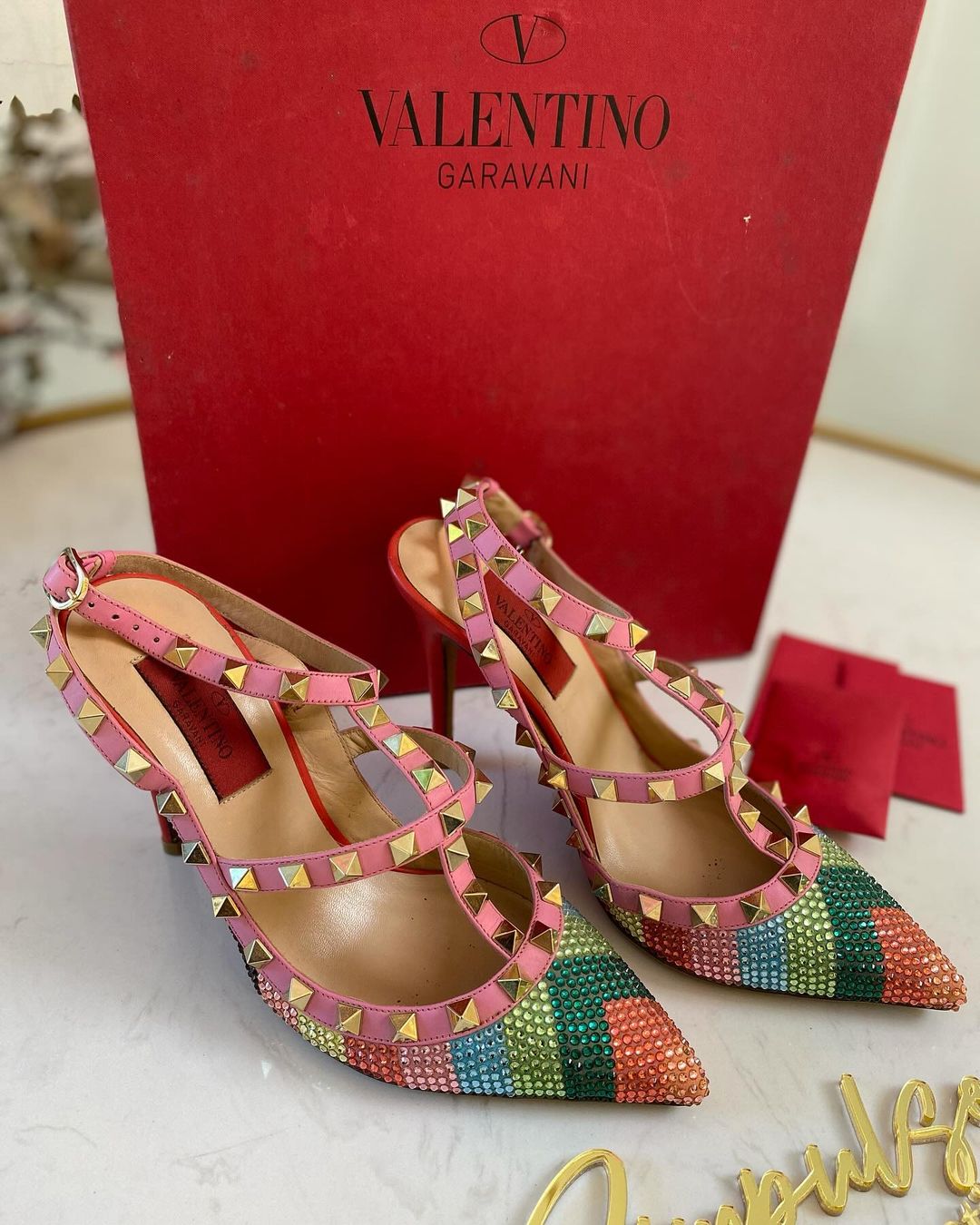 VLTN Multicolor Glitter Rockstud Pumps