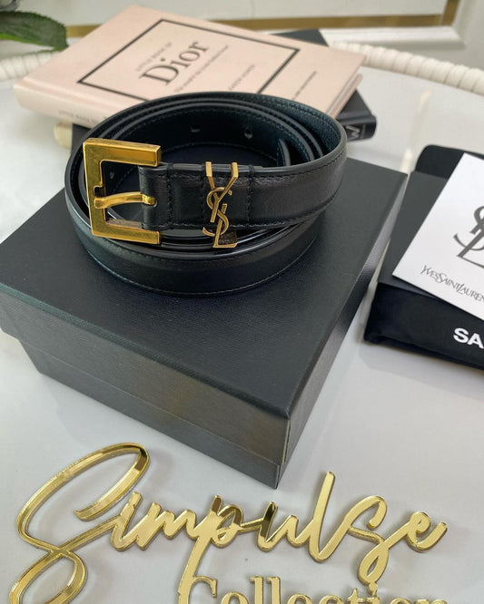 YSL Cassandre Slim Black Leather Belt