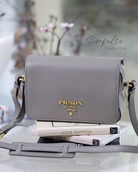 P Vitello Phenix Argilla Grey Leather Flap Crossbody