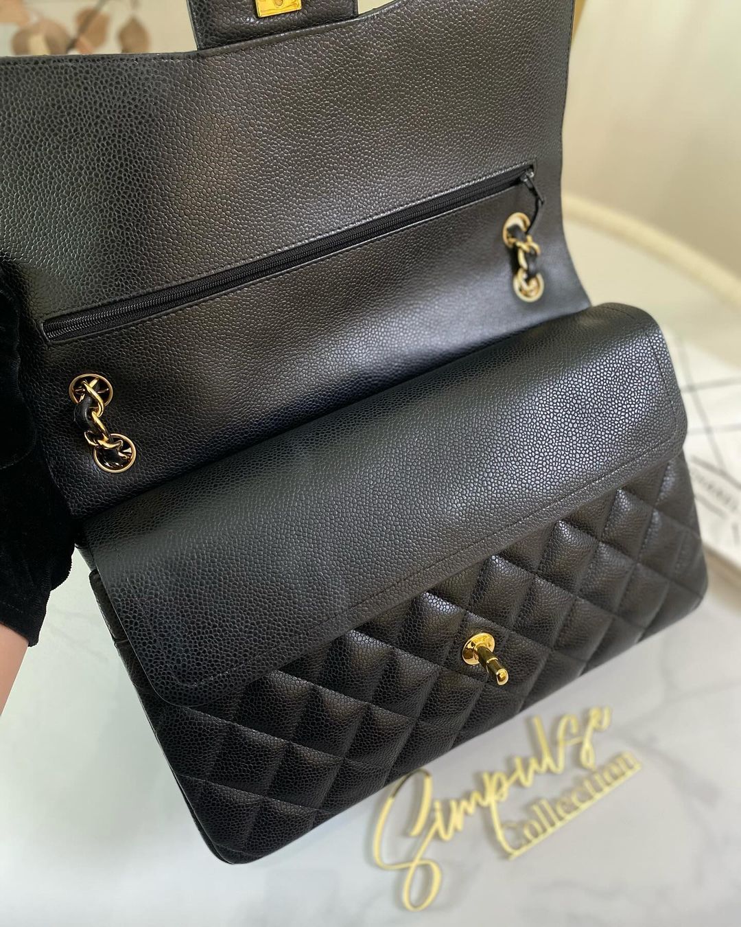 C Jumbo Caviar Double Flap GHW