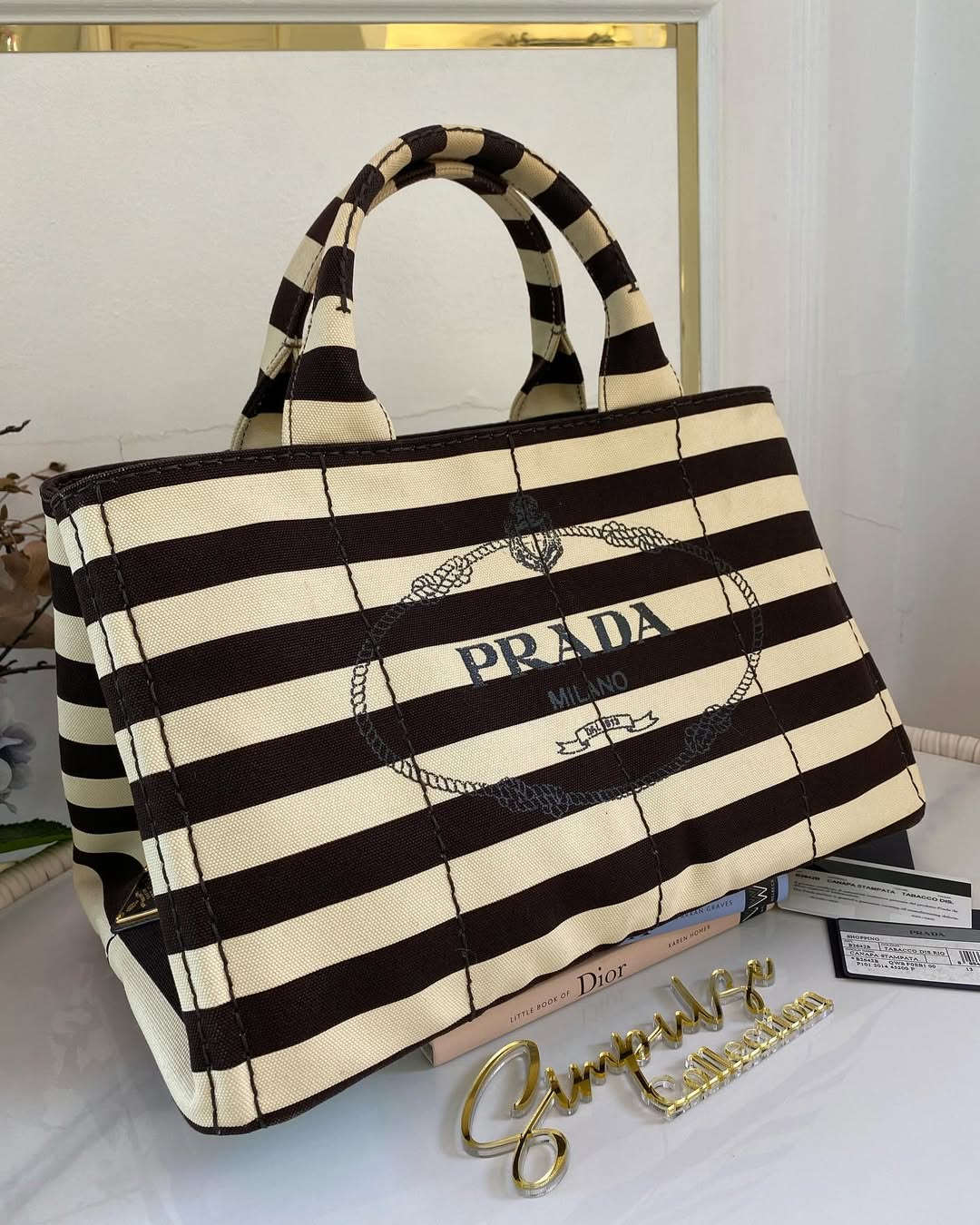 P Canapa Stripe Logo Medium Black Tote