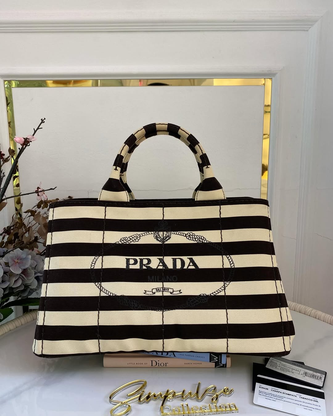 P Canapa Stripe Logo Medium Black Tote