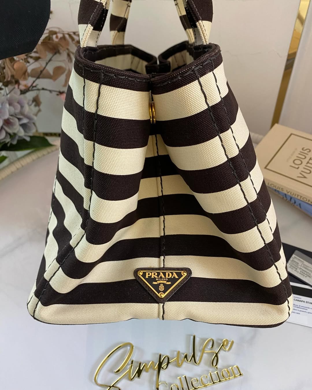 P Canapa Stripe Logo Medium Black Tote