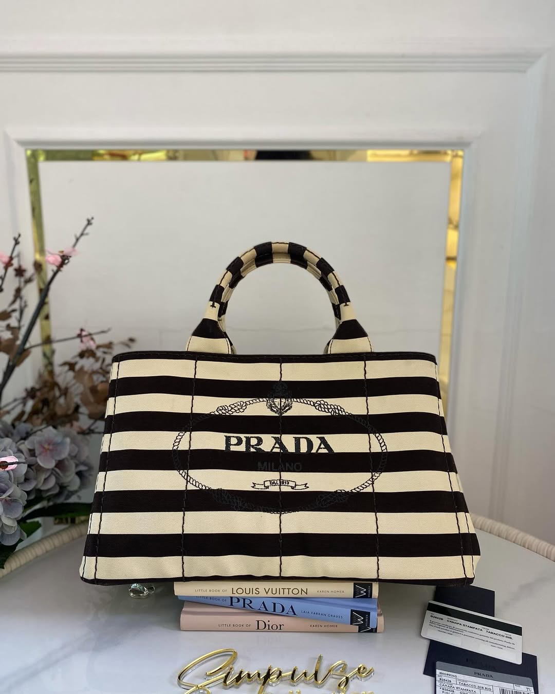 P Canapa Stripe Logo Medium Black Tote