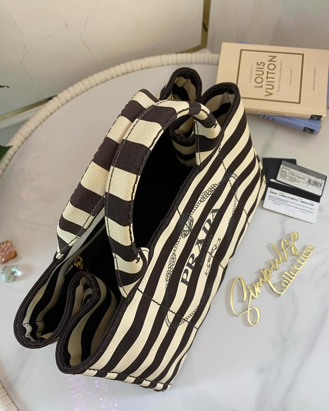 P Canapa Stripe Logo Medium Black Tote