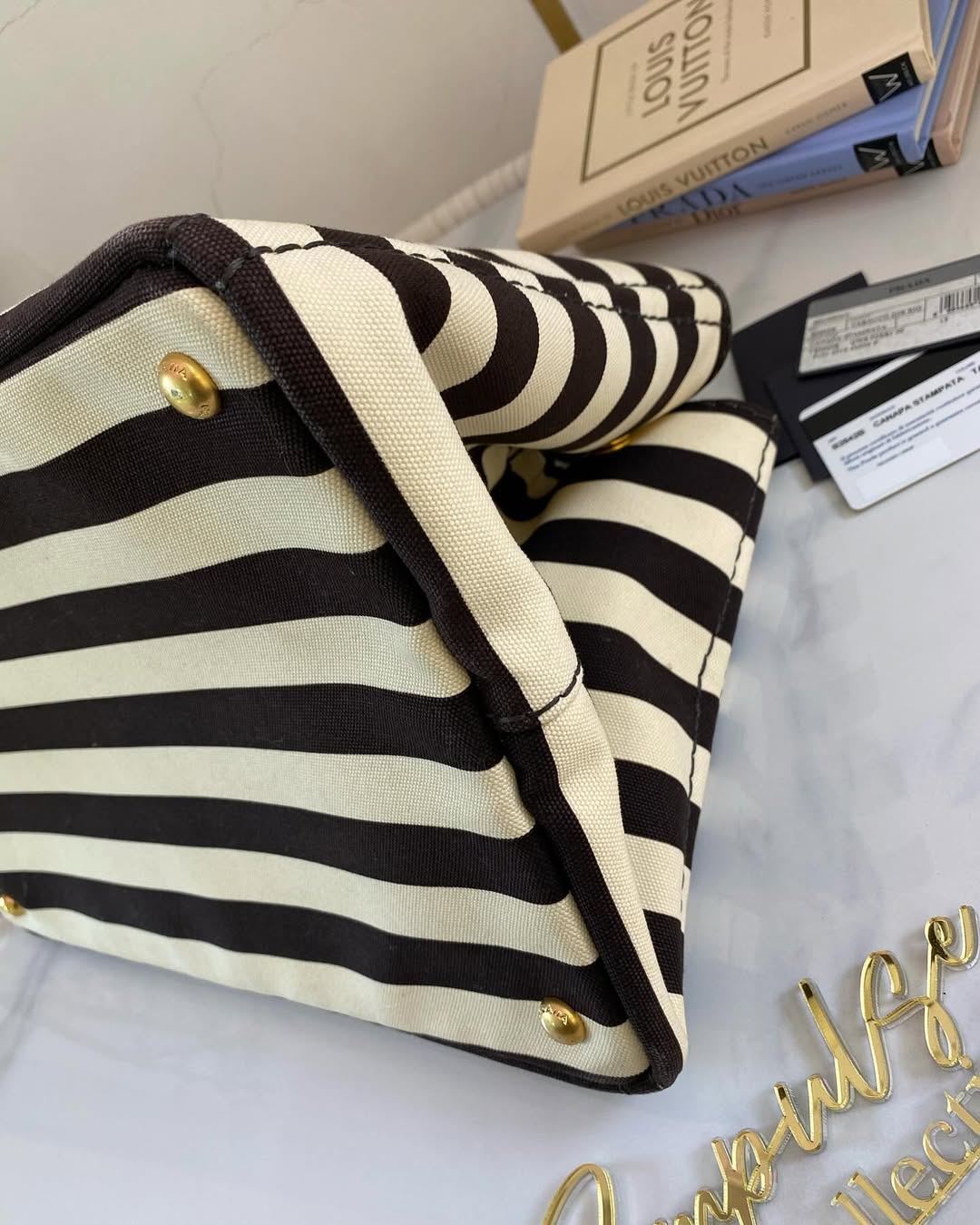 P Canapa Stripe Logo Medium Black Tote