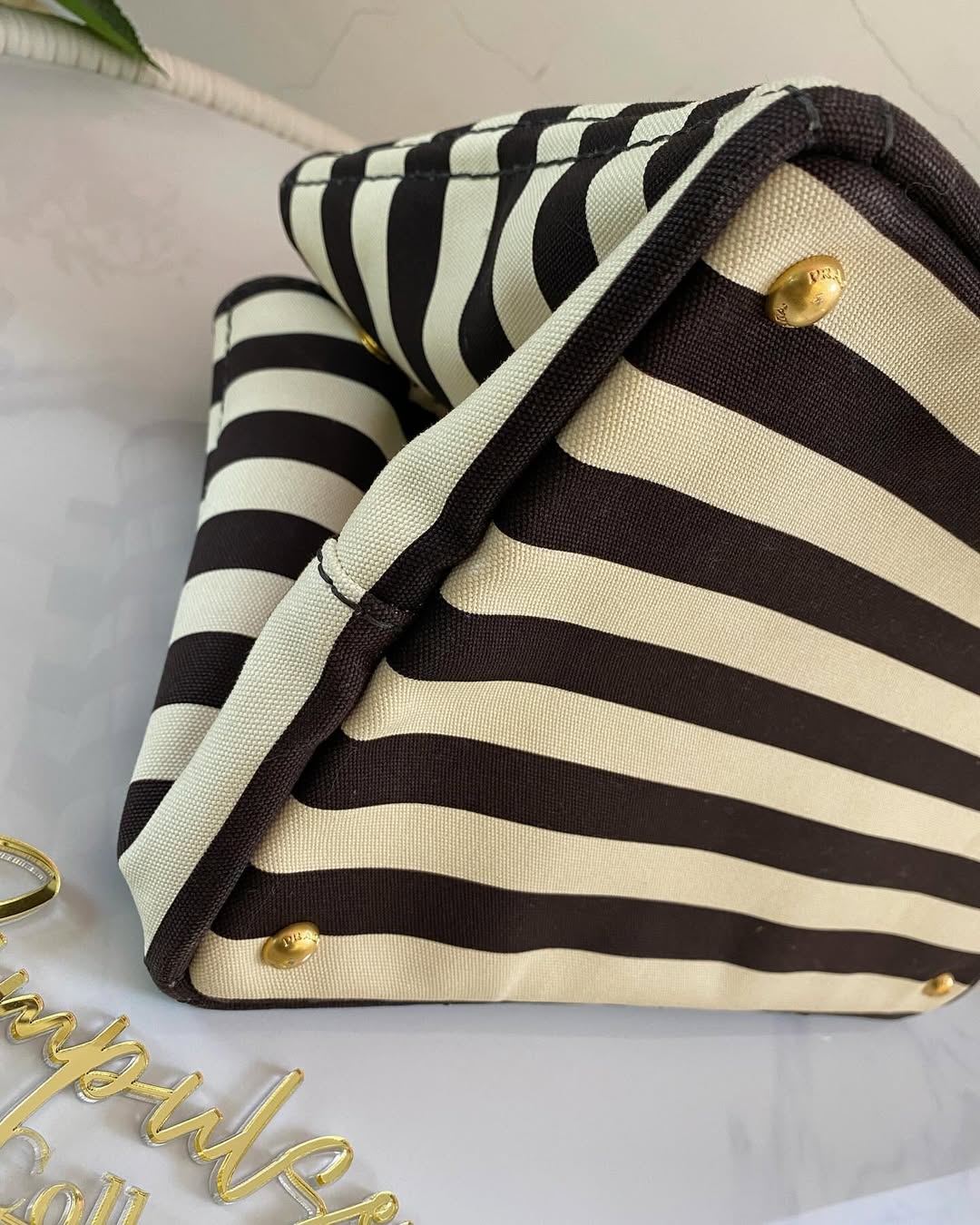 P Canapa Stripe Logo Medium Black Tote