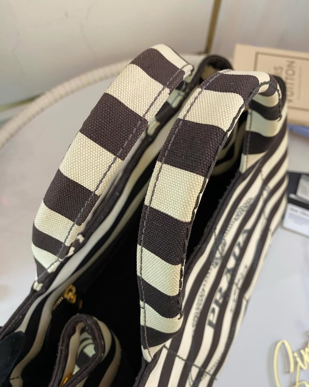 P Canapa Stripe Logo Medium Black Tote