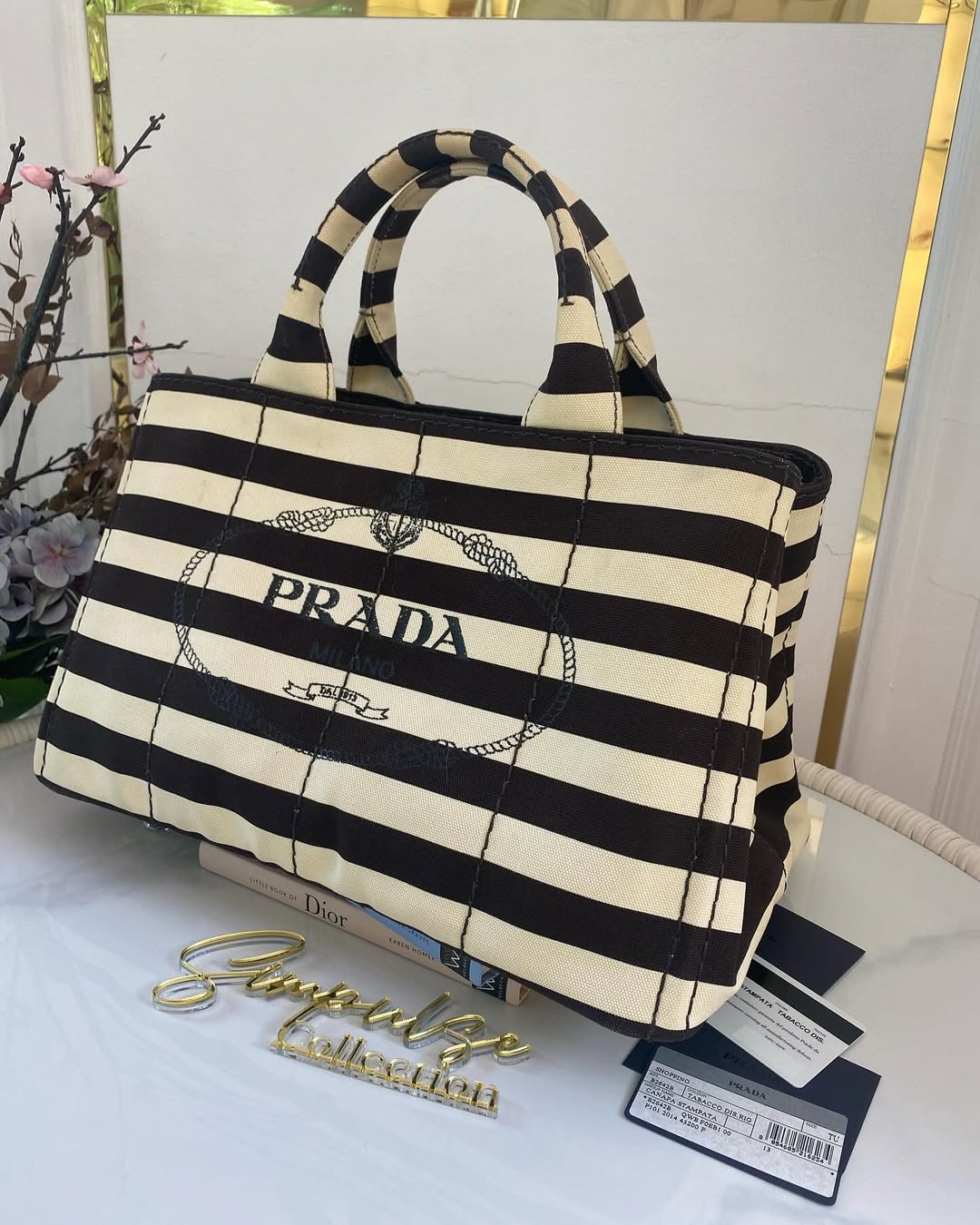 P Canapa Stripe Logo Medium Black Tote