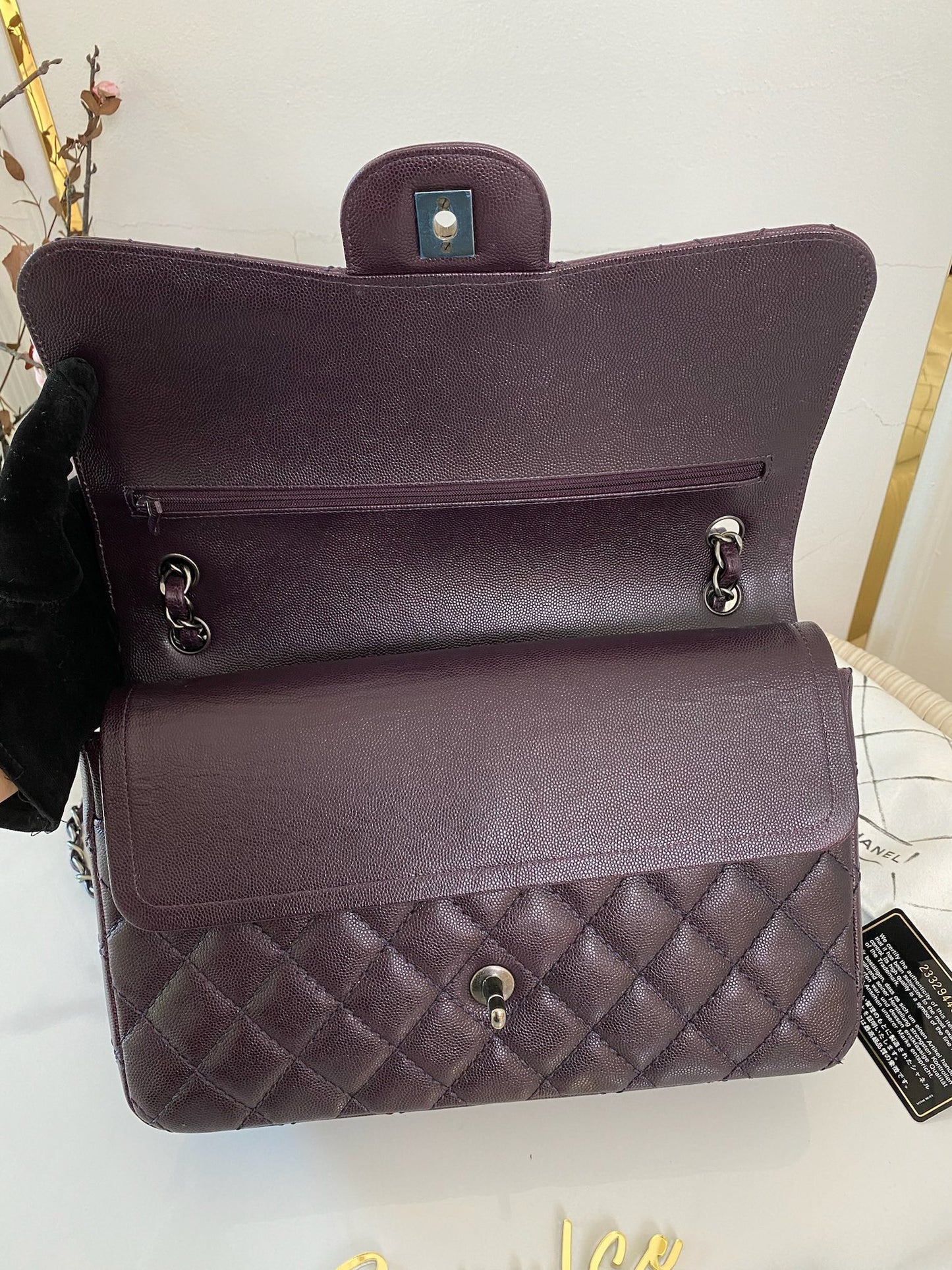 Chanel Jumbo Double Flap Plum Caviar Ruthenium Hardware