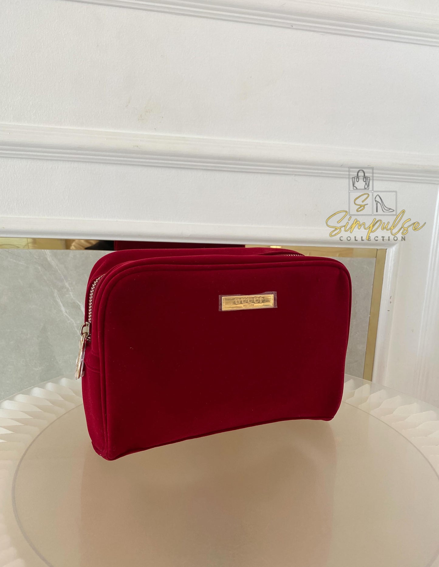 Gucci Red Velvet Cosmetic Pouch w/ Gold G Parfums Plaque