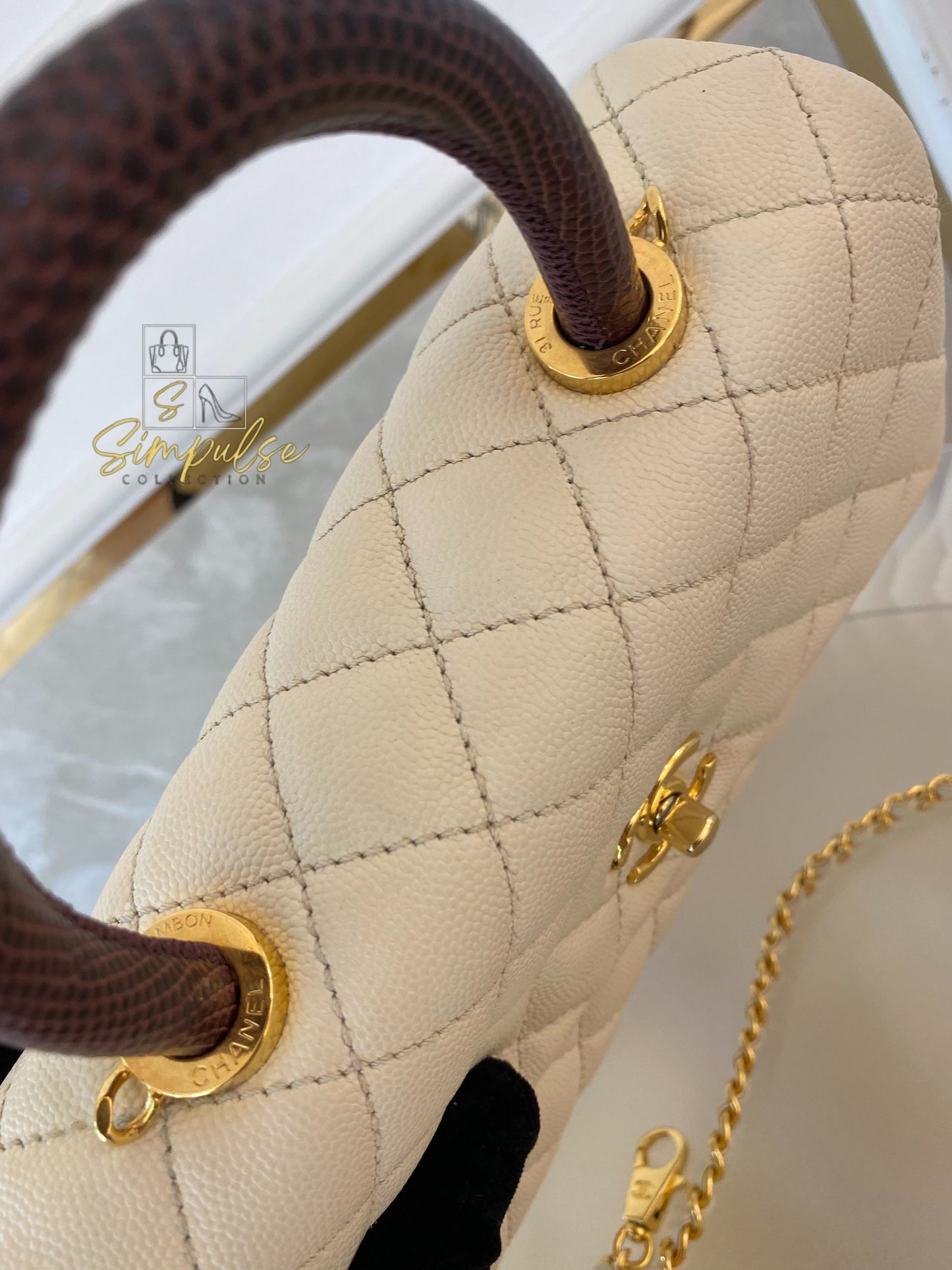 Chanel Coco Off-White Quilted Caviar Lizard Top Handle GHW