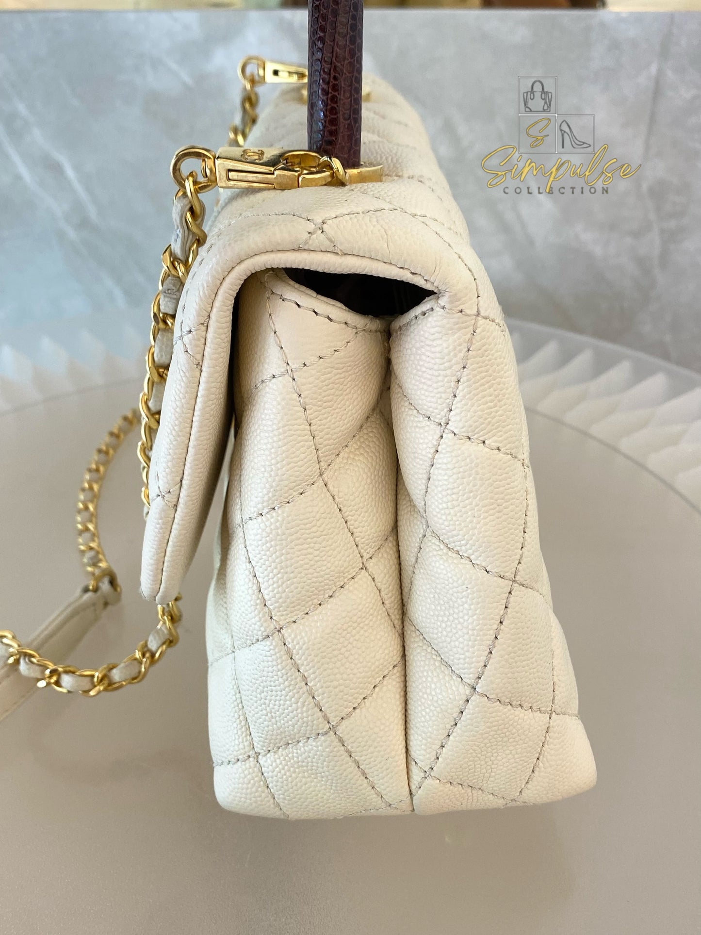 Chanel Coco Off-White Quilted Caviar Lizard Top Handle GHW
