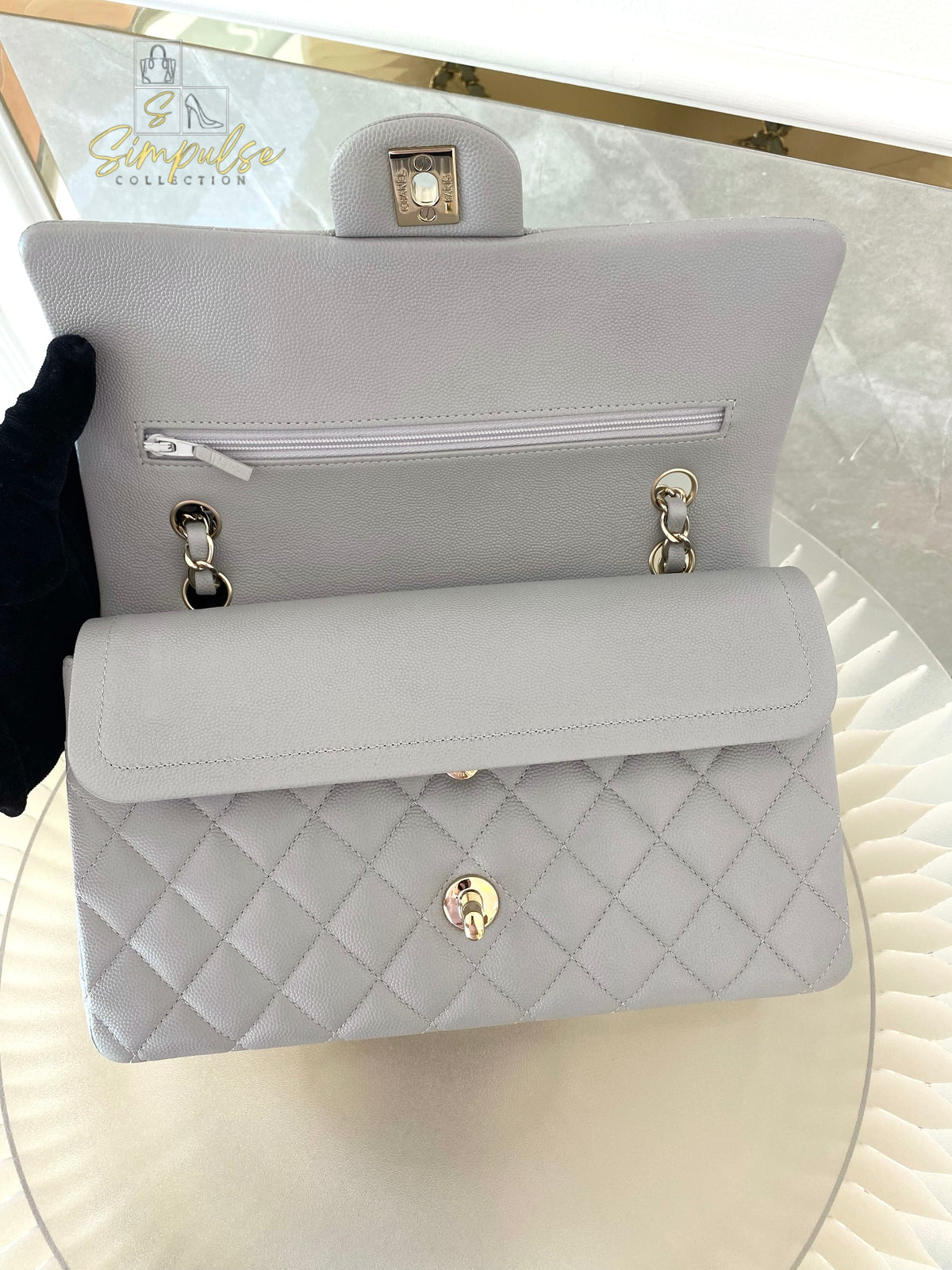 CHANEL CLASSIC MEDIUM DOUBLE FLAP DOVE GRAY
